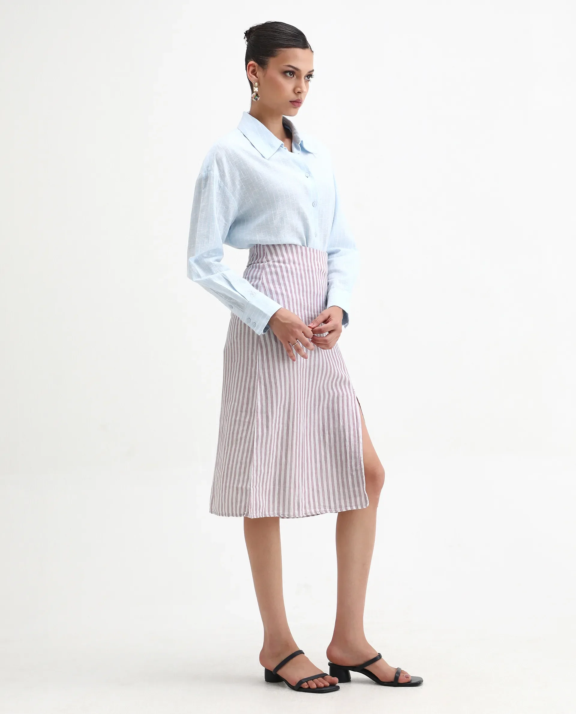 Rareism Women's Moonly Lilac Linen Striped Midi Slim Fit Skirt - Image 6
