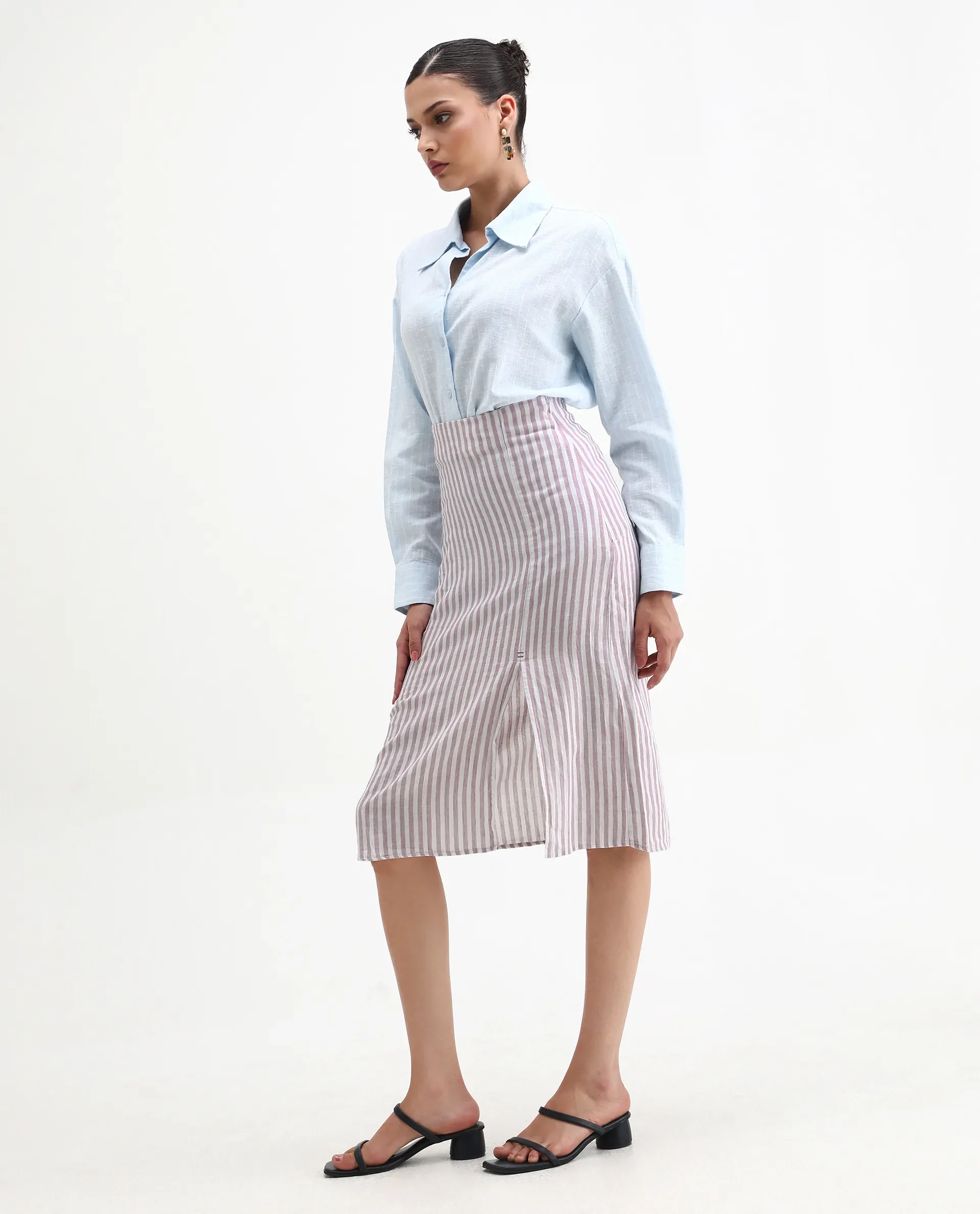 Rareism Women's Moonly Lilac Linen Striped Midi Slim Fit Skirt - Image 7