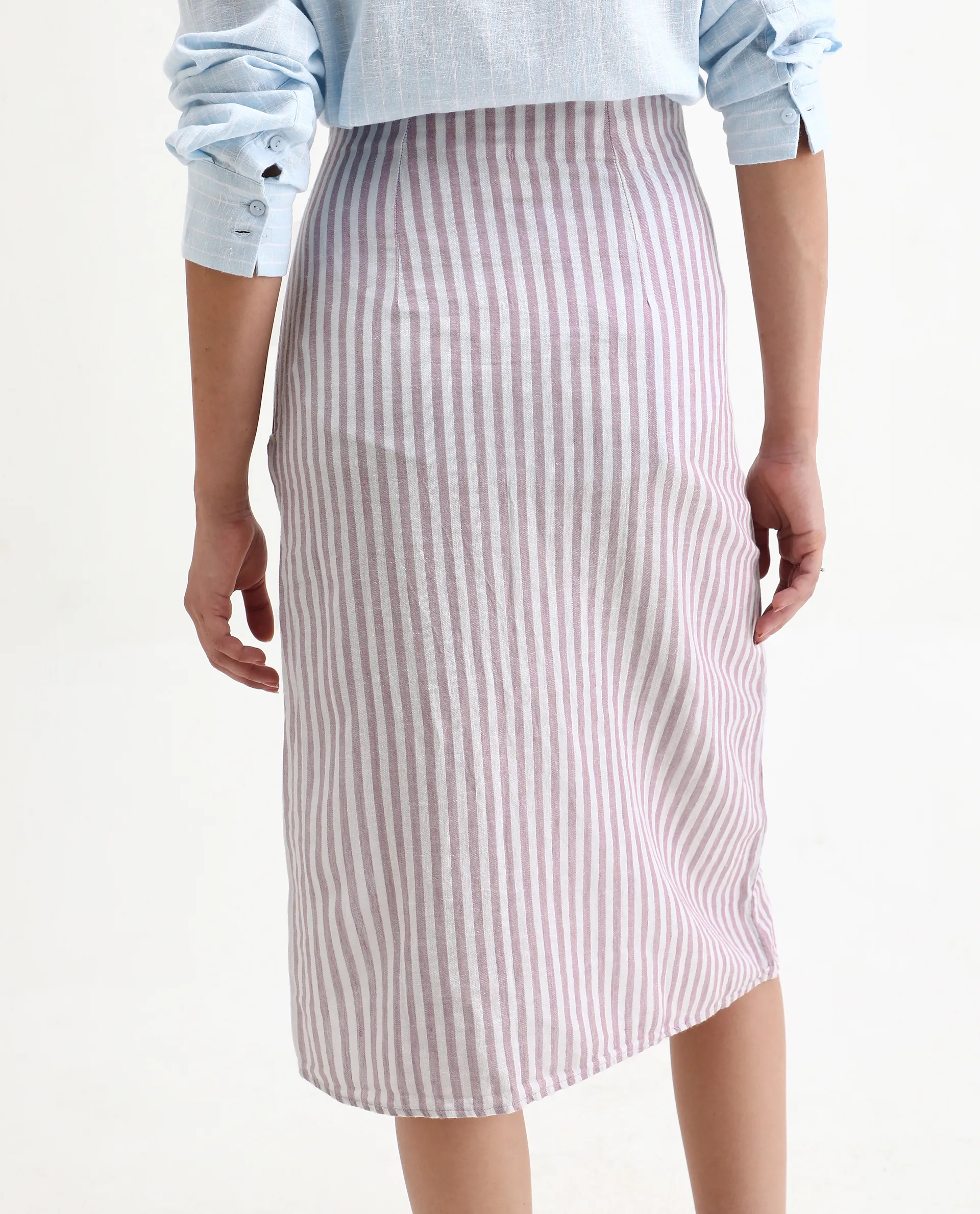 Rareism Women's Moonly Lilac Linen Striped Midi Slim Fit Skirt - Image 8