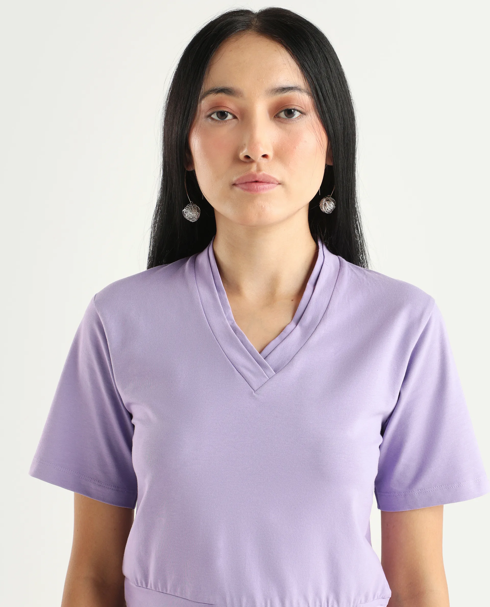 Rareism Women's Moonray Light Purple Knit V-Neck Plain Regular Fit Top - Image 4