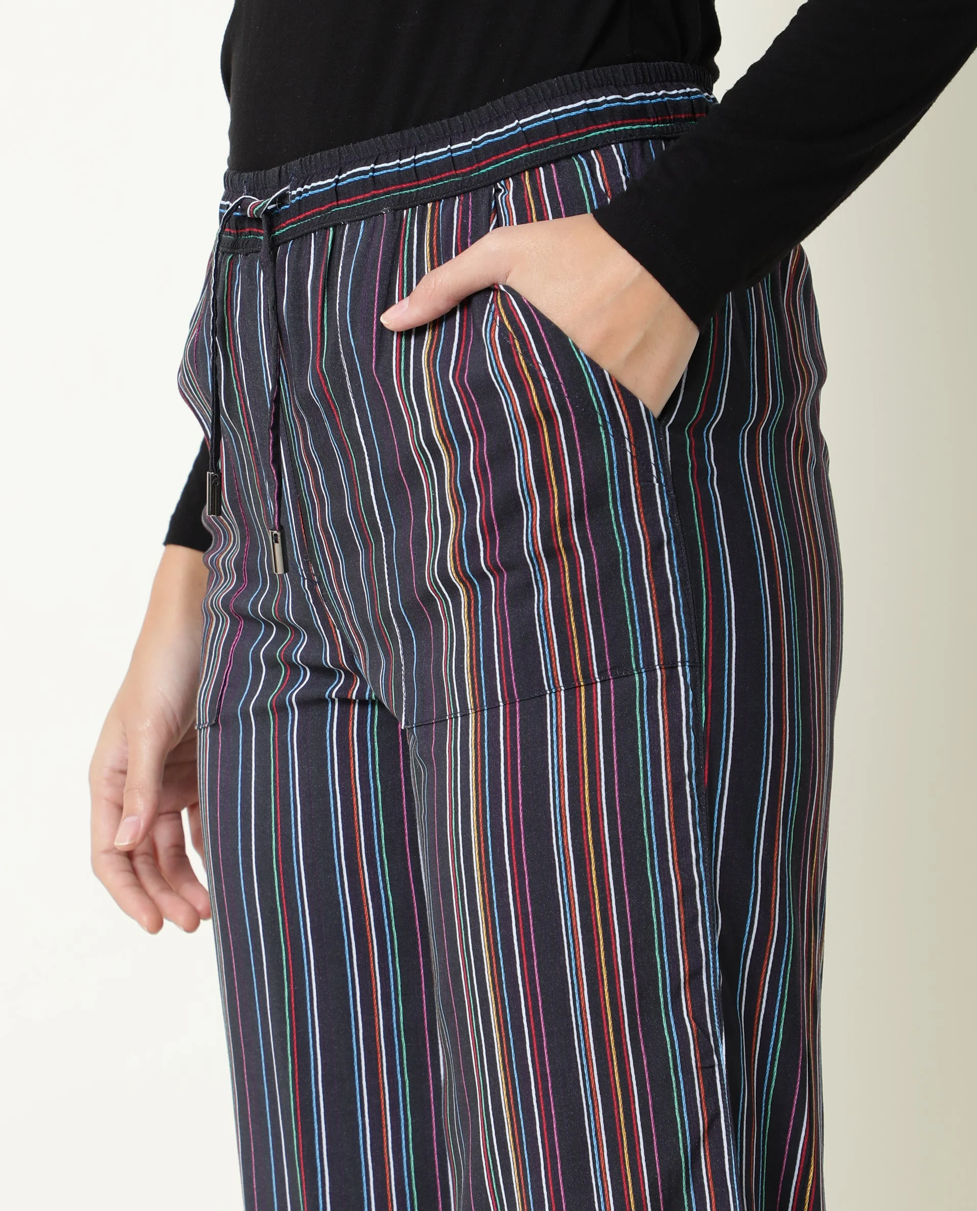 Rareism Women's Moose Black Viscose Striped Ankle Length Tailored Trouser - Image 2