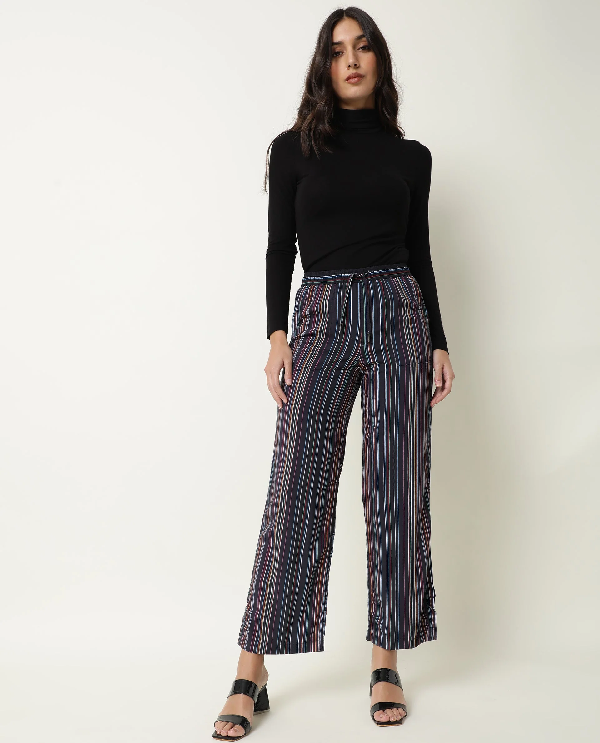 Rareism Women's Moose Black Viscose Striped Ankle Length Tailored Trouser - Image 3