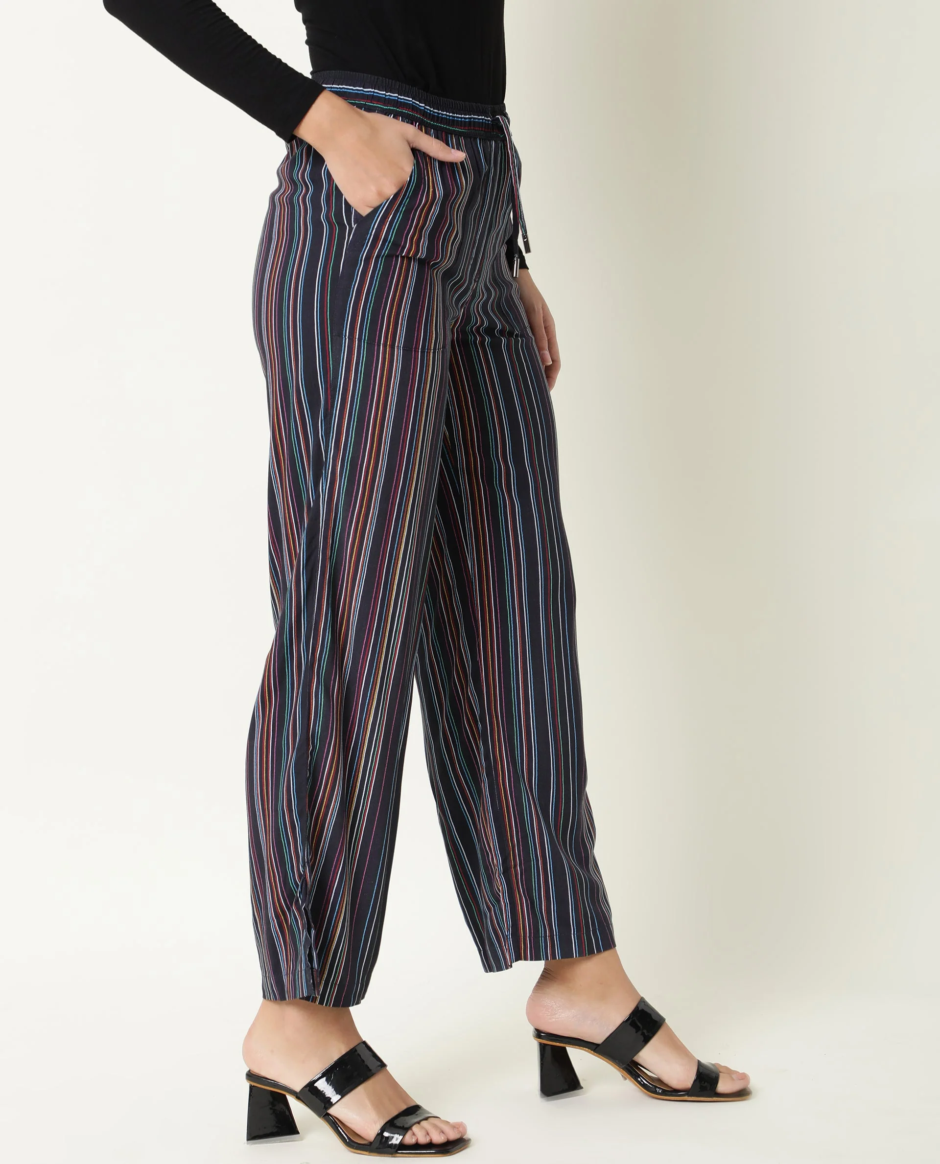 Rareism Women's Moose Black Viscose Striped Ankle Length Tailored Trouser - Image 4