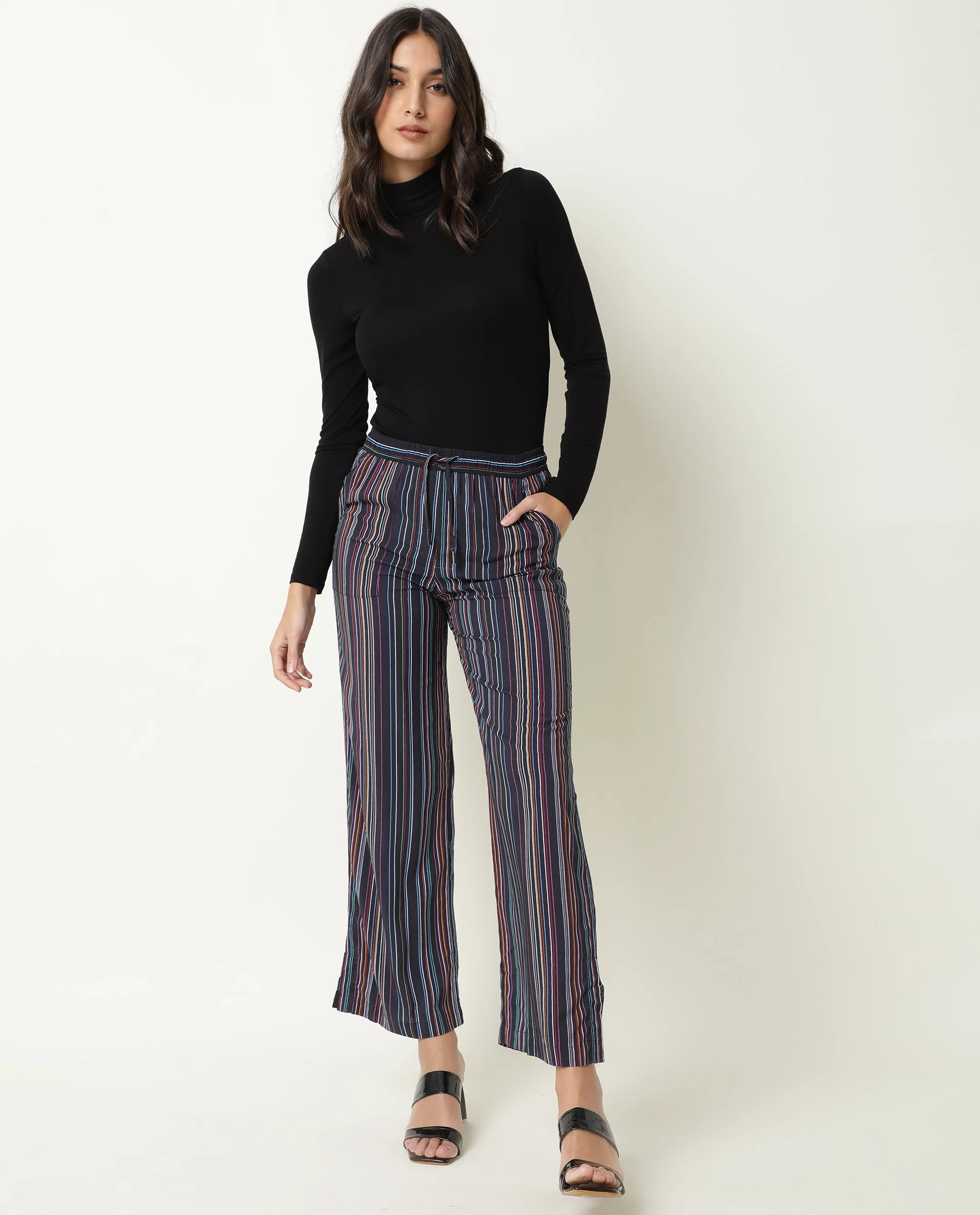 Rareism Women's Moose Black Viscose Striped Ankle Length Tailored Trouser - Image 6
