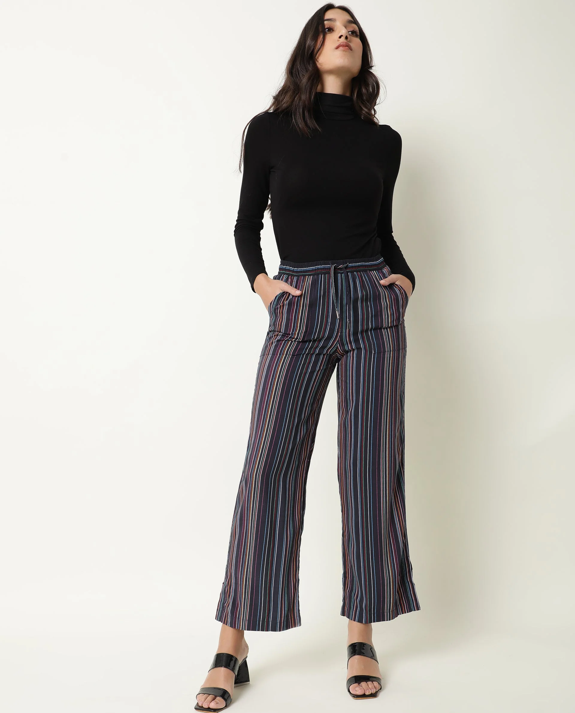 Rareism Women's Moose Black Viscose Striped Ankle Length Tailored Trouser - Image 7