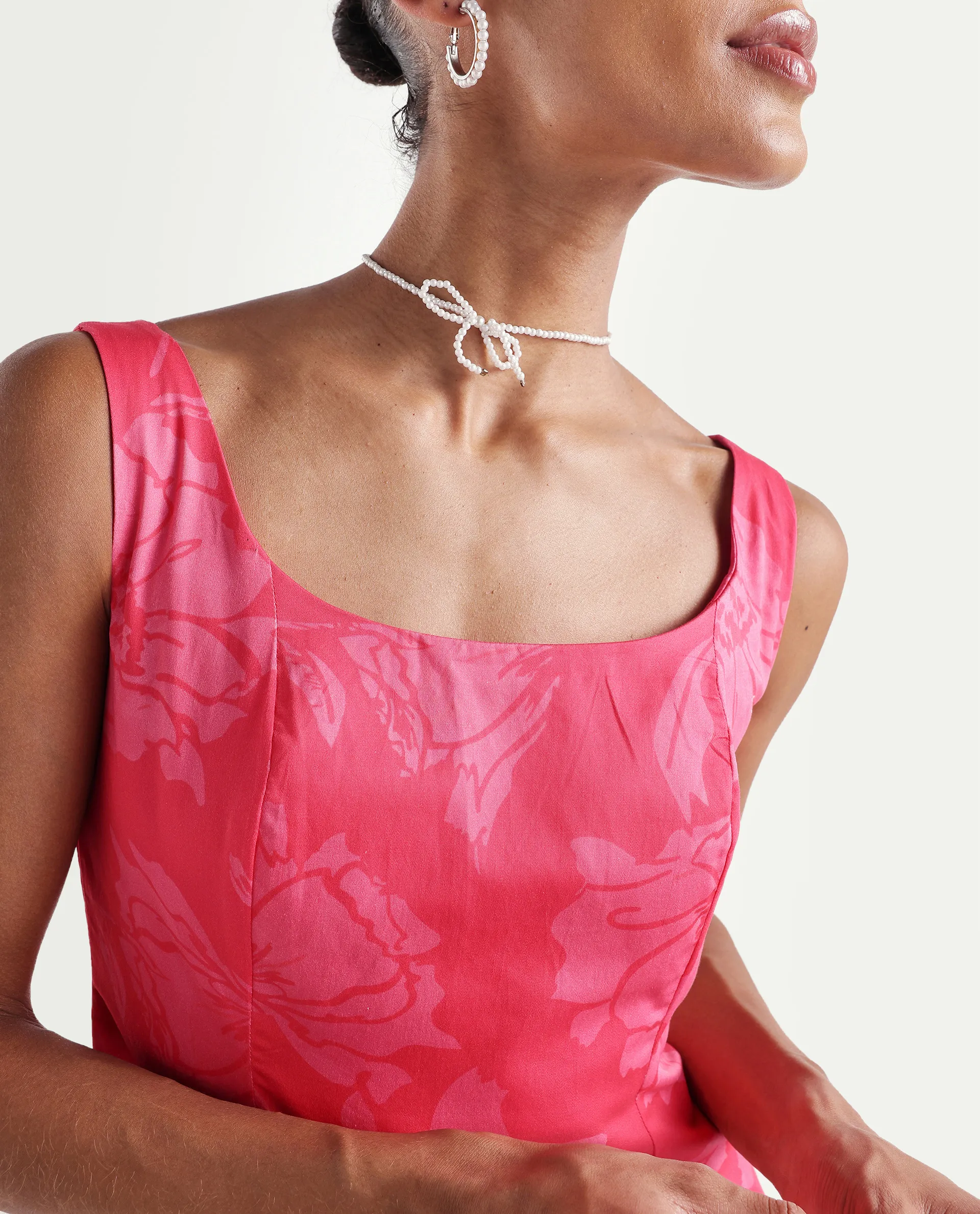 Rareism Women's Mopa Pink Cotton Sleeveless Boat Neck Fit And Flare Floral Print Dress - Image 3