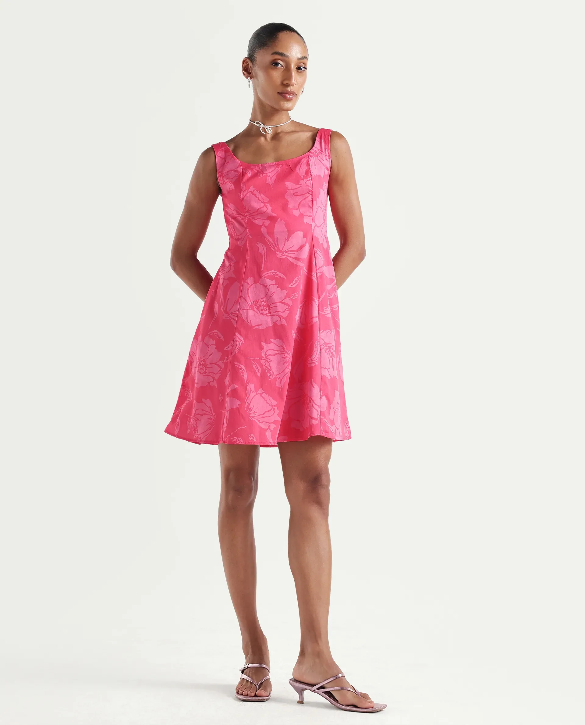 Rareism Women's Mopa Pink Cotton Sleeveless Boat Neck Fit And Flare Floral Print Dress - Image 4