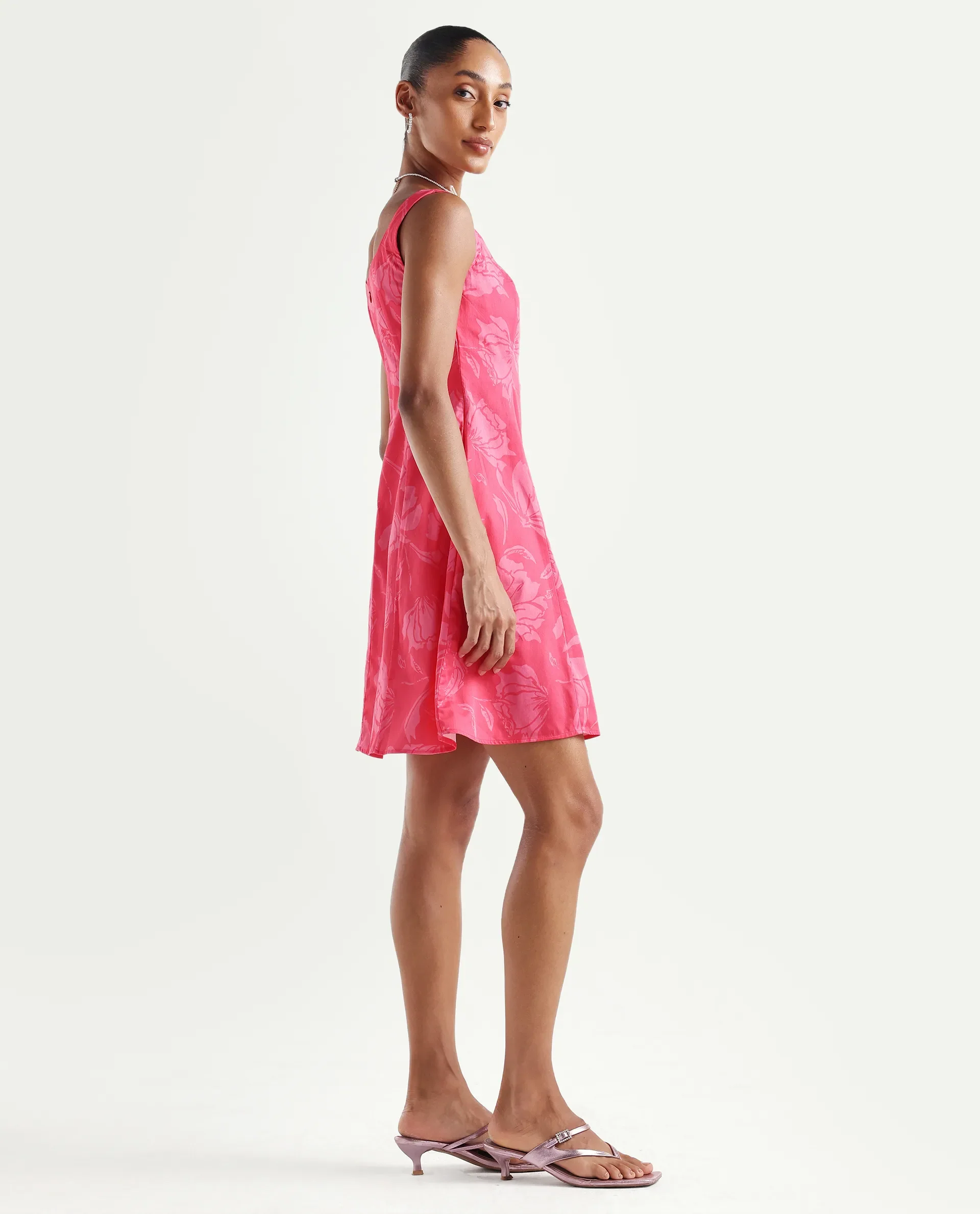 Rareism Women's Mopa Pink Cotton Sleeveless Boat Neck Fit And Flare Floral Print Dress - Image 5