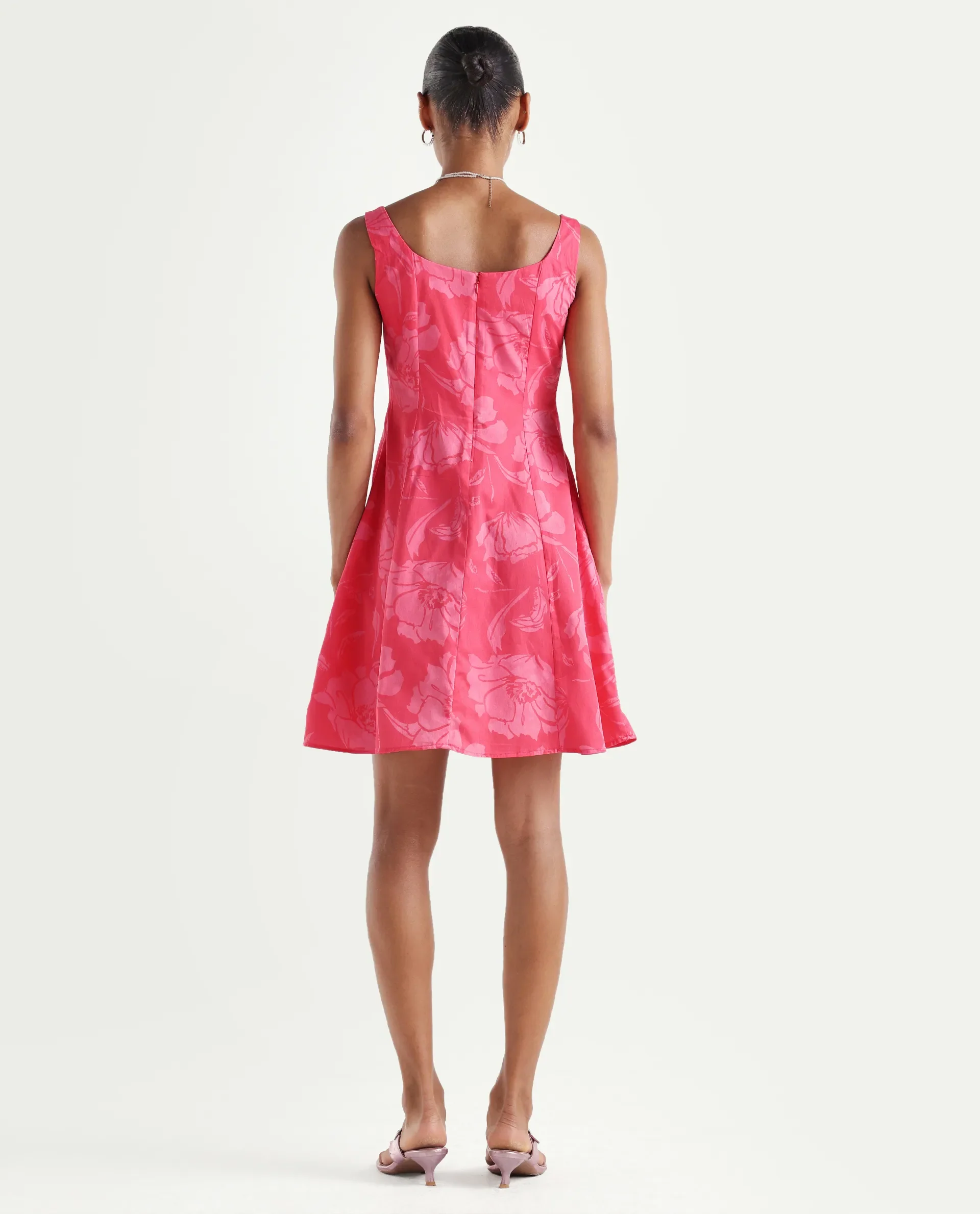 Rareism Women's Mopa Pink Cotton Sleeveless Boat Neck Fit And Flare Floral Print Dress - Image 7