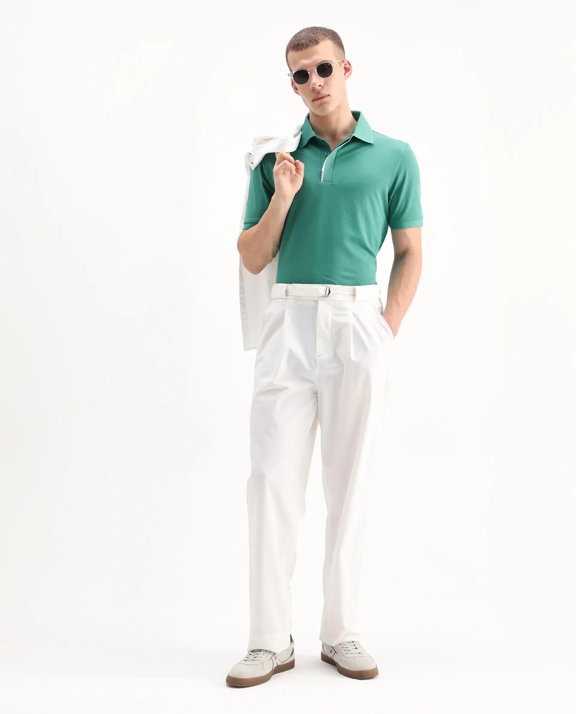 Rare Rabbit Men's Mor Light Green Cotton Blend Plain Regular Fit Half Sleeve Polo - Image 2