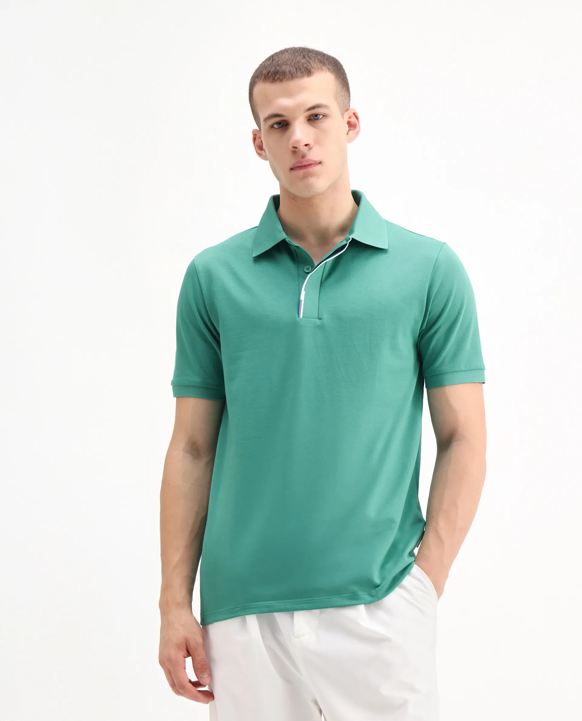 Rare Rabbit Men's Mor Light Green Cotton Blend Plain Regular Fit Half Sleeve Polo - Image 3
