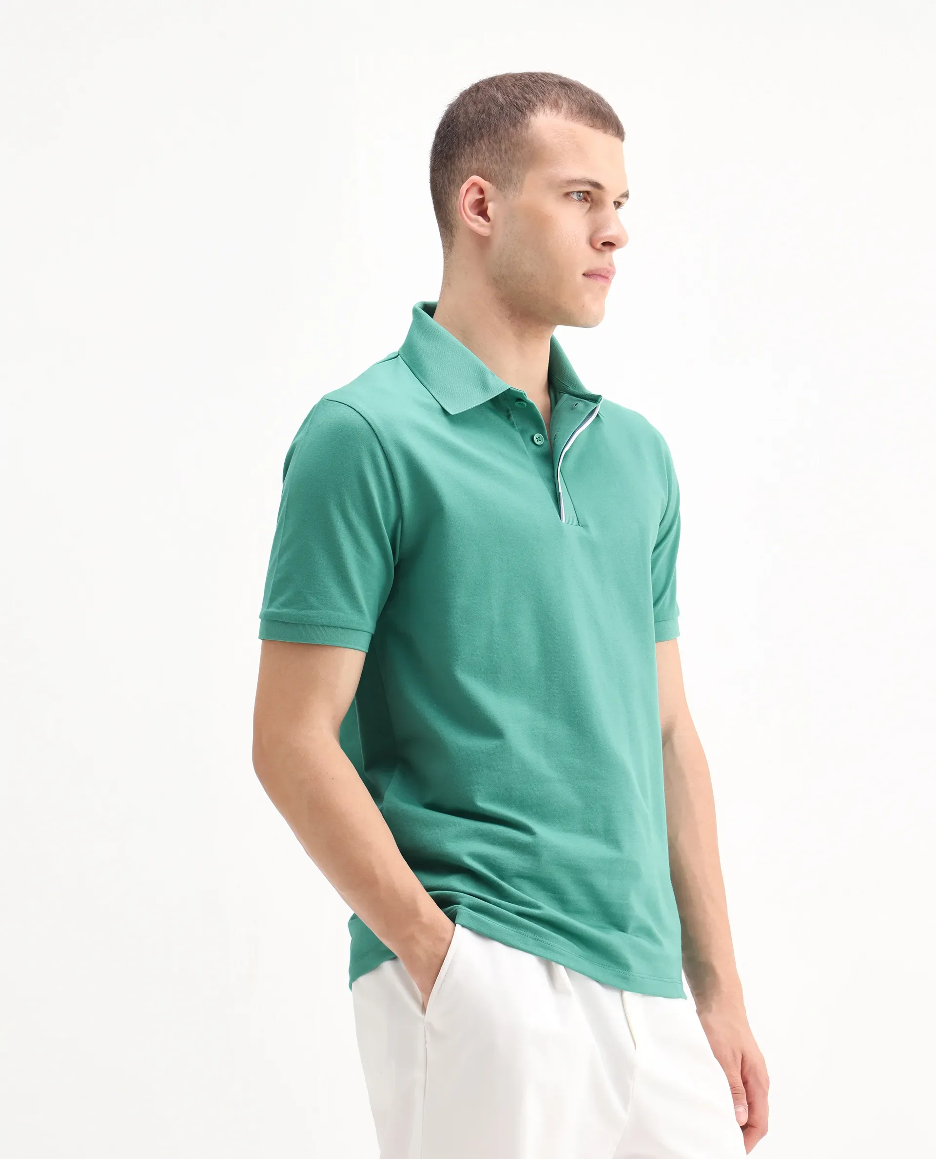 Rare Rabbit Men's Mor Light Green Cotton Blend Plain Regular Fit Half Sleeve Polo - Image 5