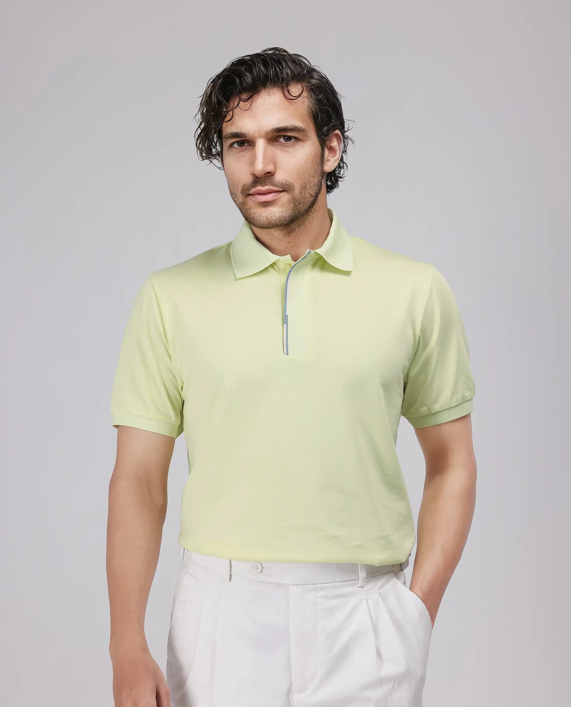 Rare Rabbit Men's Mor Light Yellow Cotton Blend Plain Regular Fit Half Sleeve Polo - Image 2