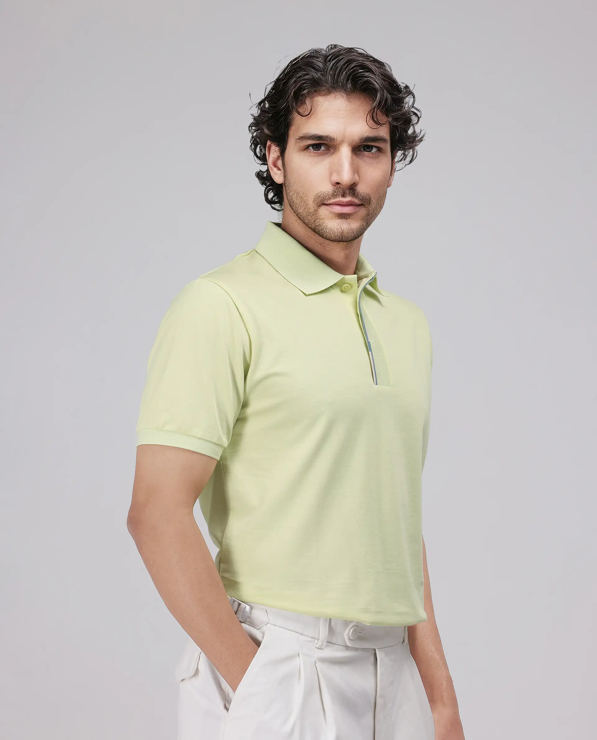 Rare Rabbit Men's Mor Light Yellow Cotton Blend Plain Regular Fit Half Sleeve Polo - Image 7