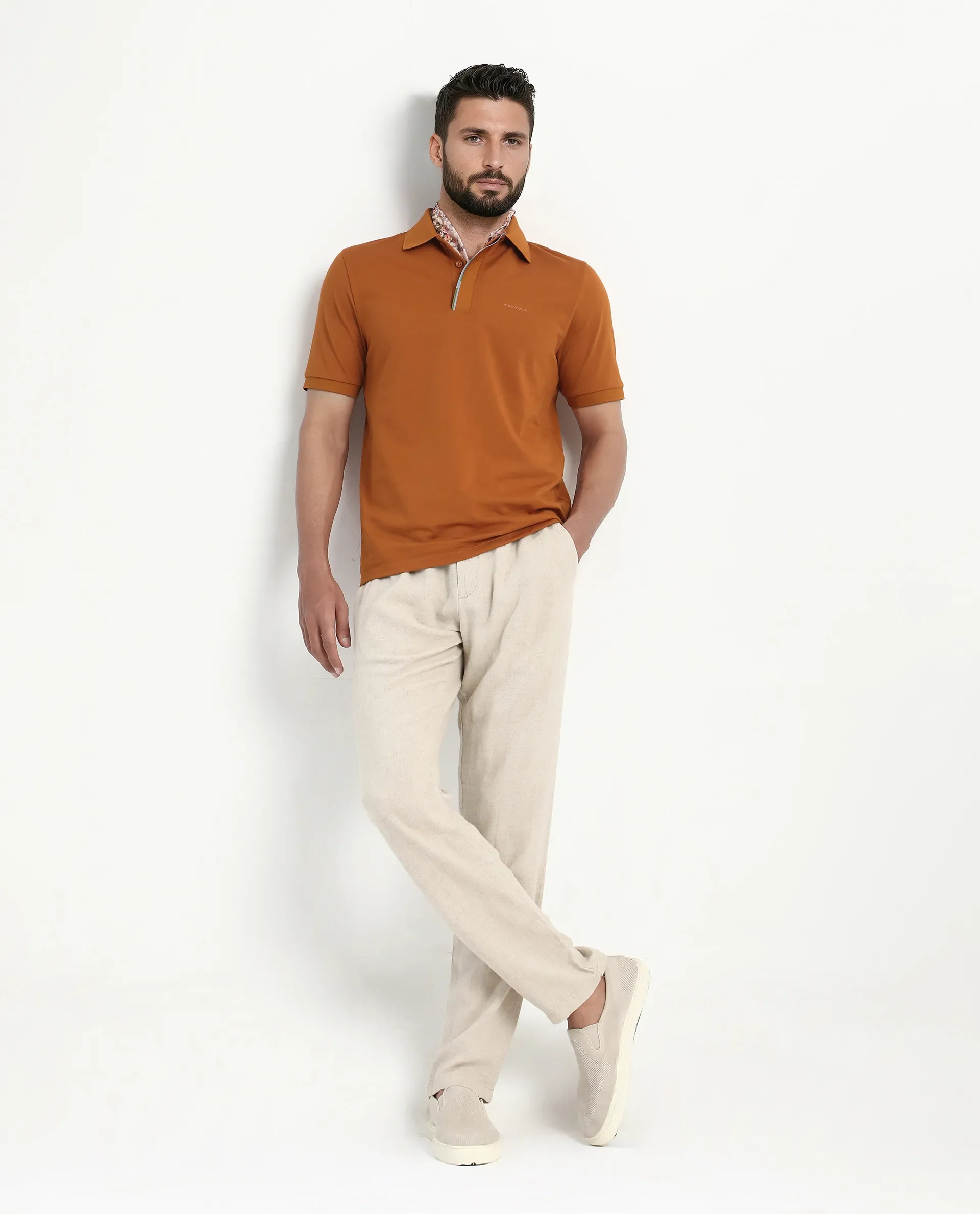 Rare Rabbit Men's Mor Rust Cotton Blend Plain Regular Fit Half Sleeve Polo - Image 2