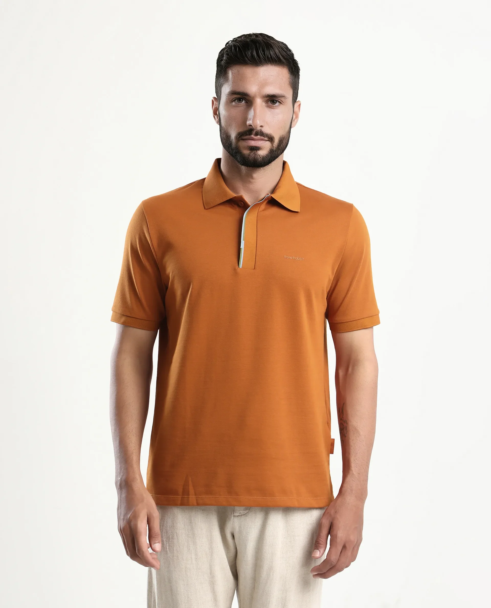 Rare Rabbit Men's Mor Rust Cotton Blend Plain Regular Fit Half Sleeve Polo - Image 4