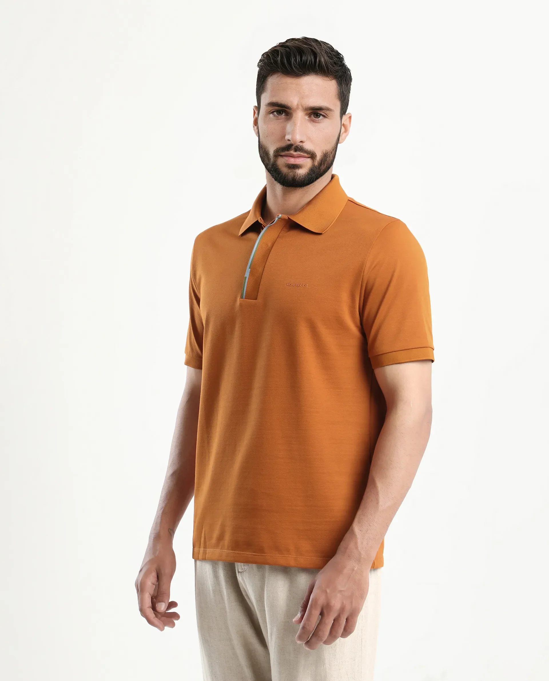 Rare Rabbit Men's Mor Rust Cotton Blend Plain Regular Fit Half Sleeve Polo - Image 5