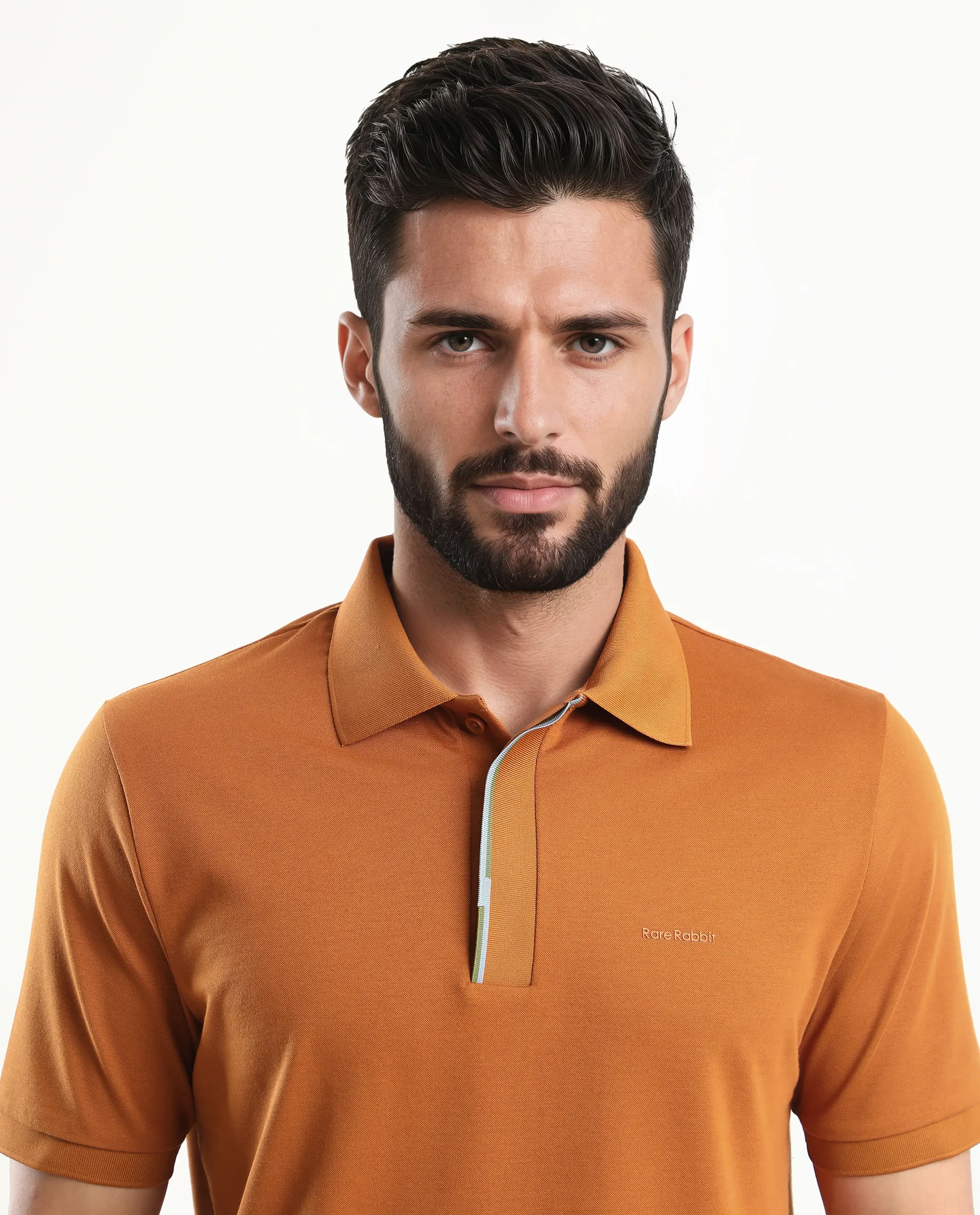 Rare Rabbit Men's Mor Rust Cotton Blend Plain Regular Fit Half Sleeve Polo - Image 7