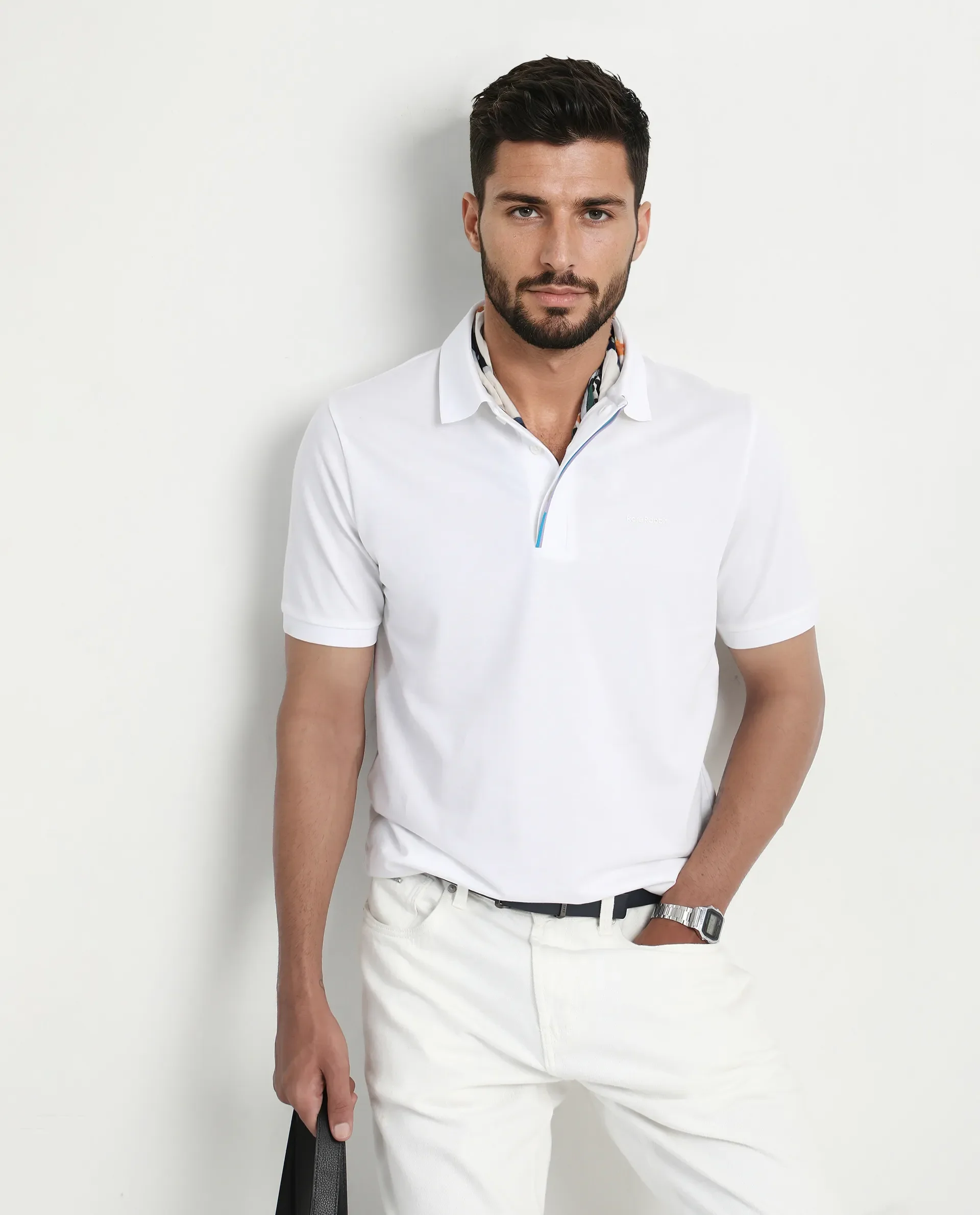Rare Rabbit Men's Mor White Cotton Blend Plain Regular Fit Half Sleeve Polo