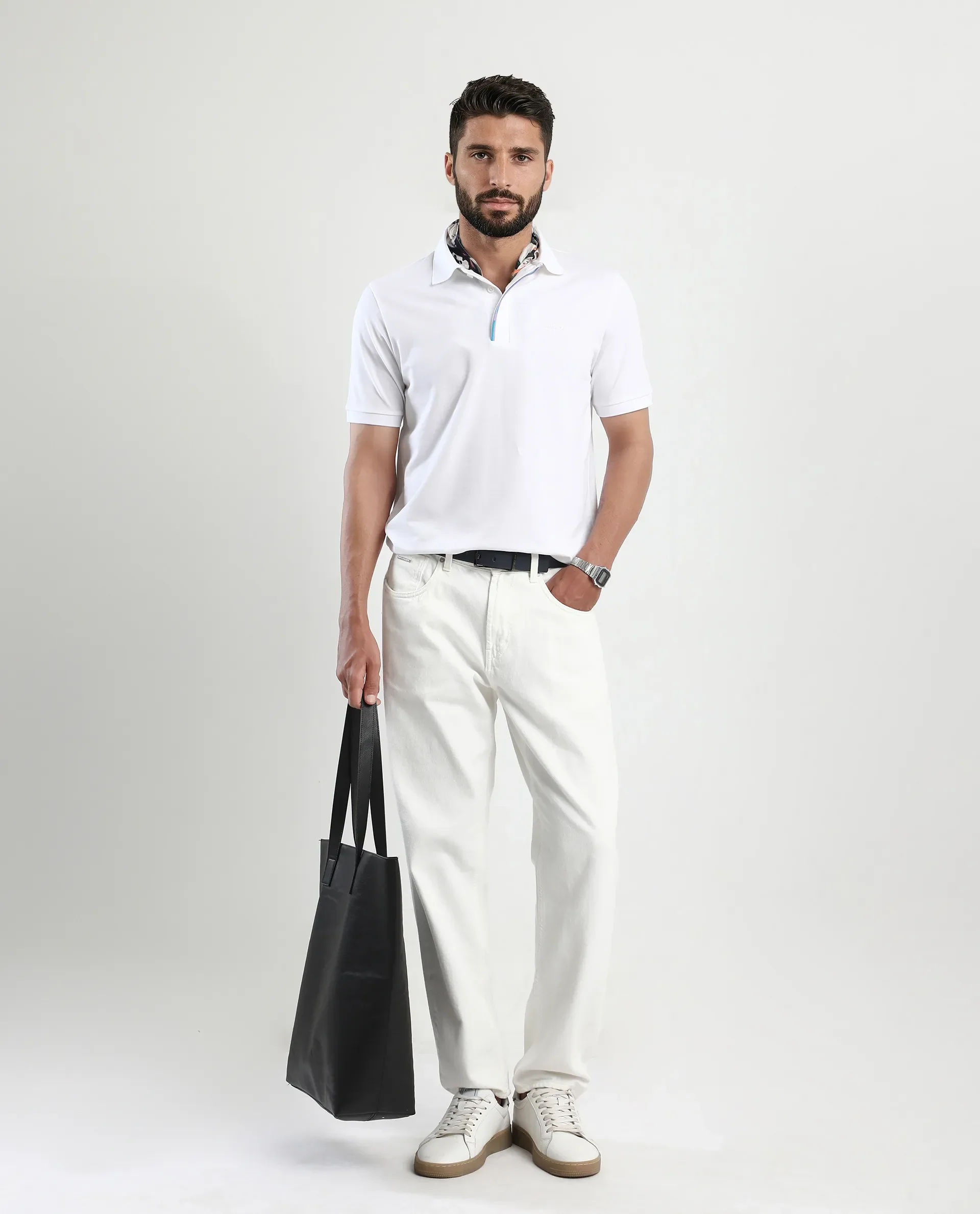 Rare Rabbit Men's Mor White Cotton Blend Plain Regular Fit Half Sleeve Polo - Image 2