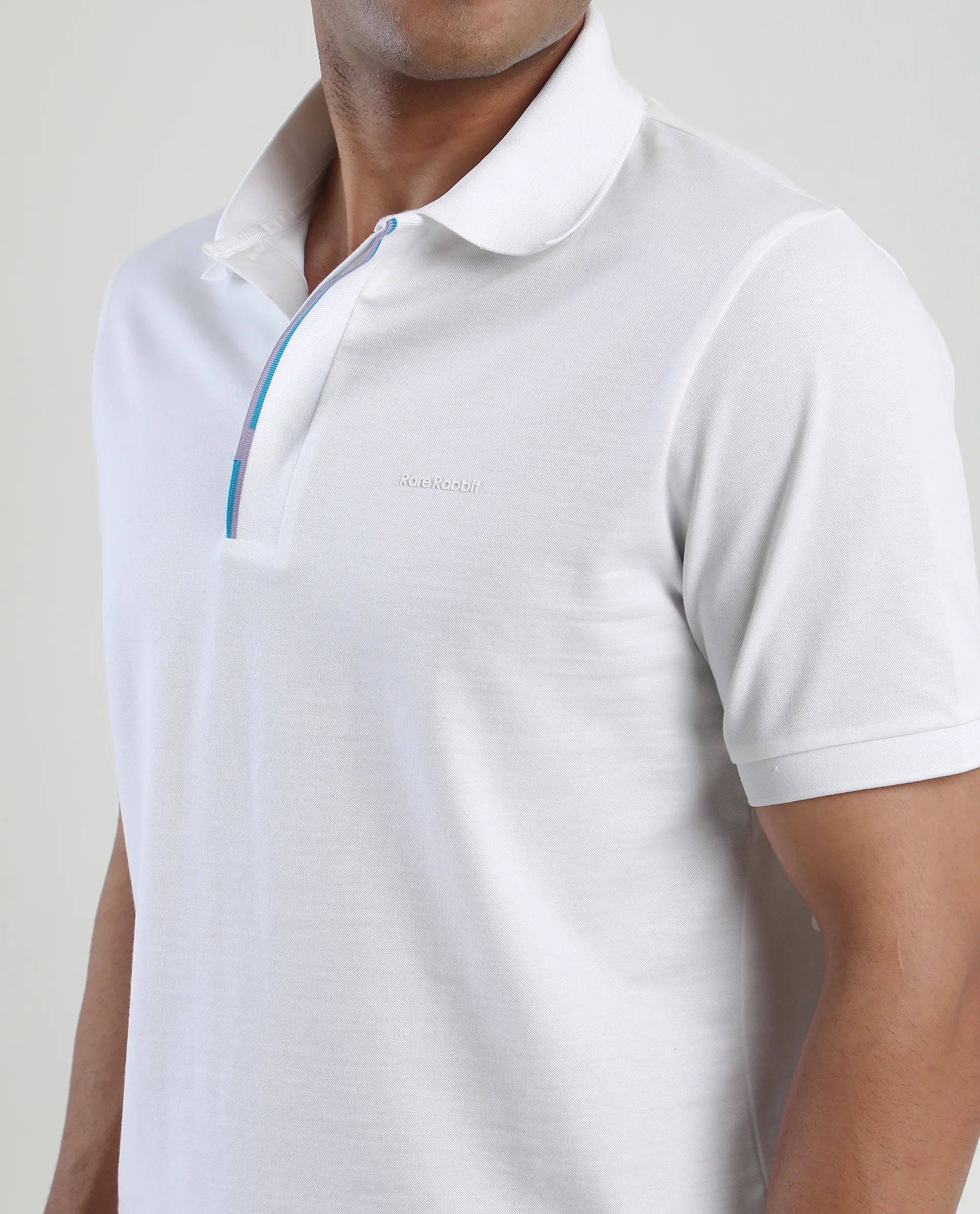 Rare Rabbit Men's Mor White Cotton Blend Plain Regular Fit Half Sleeve Polo - Image 3