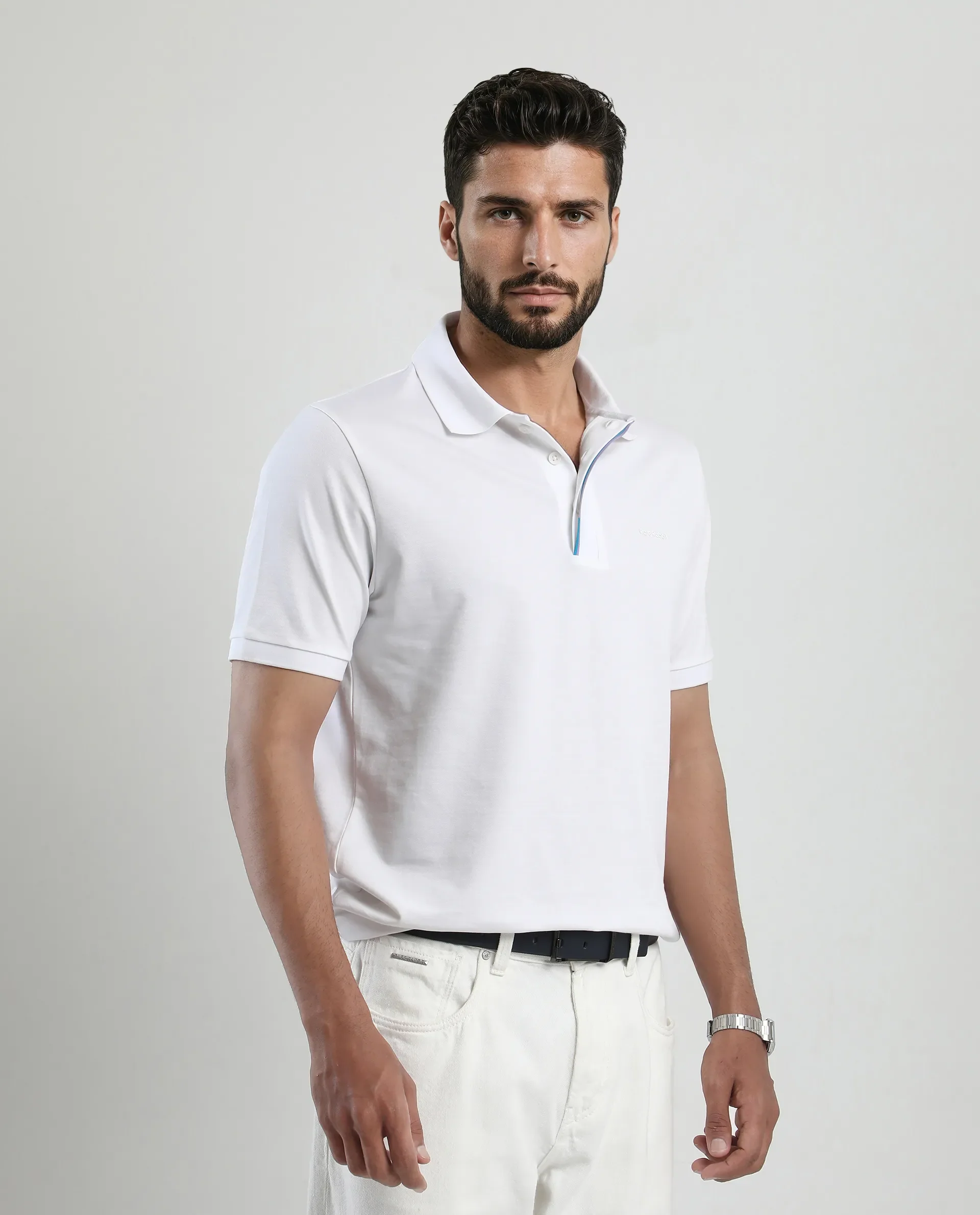 Rare Rabbit Men's Mor White Cotton Blend Plain Regular Fit Half Sleeve Polo - Image 4