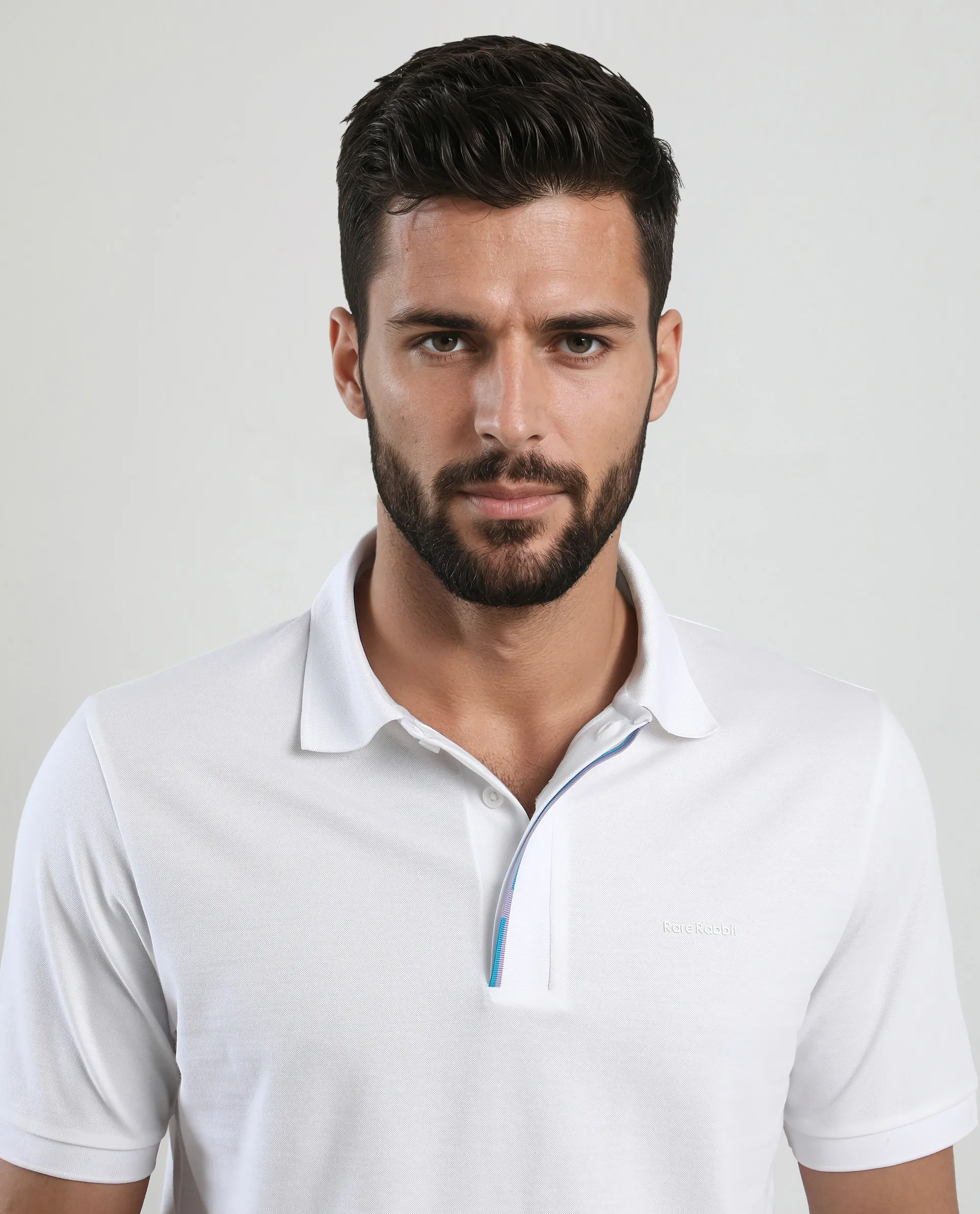 Rare Rabbit Men's Mor White Cotton Blend Plain Regular Fit Half Sleeve Polo - Image 5
