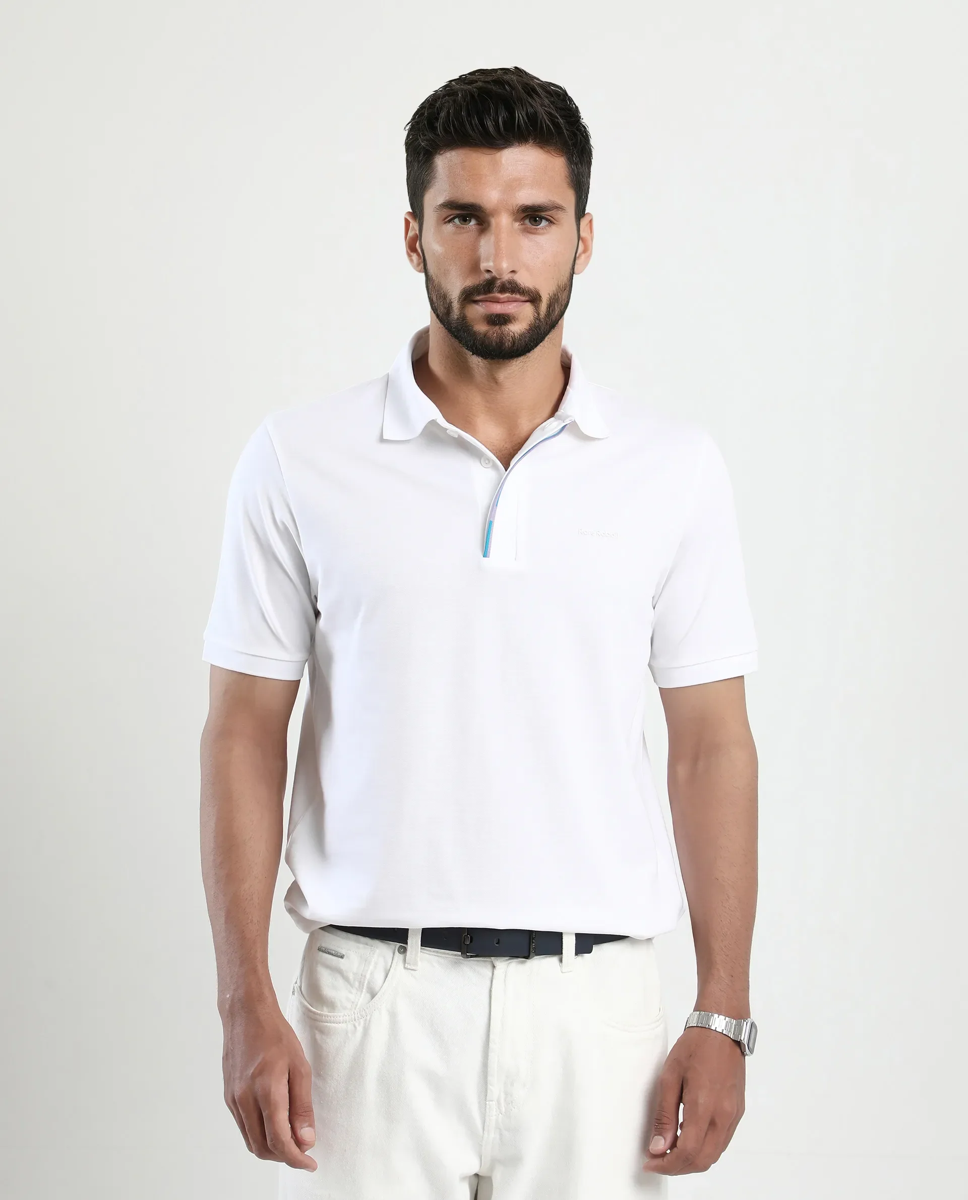 Rare Rabbit Men's Mor White Cotton Blend Plain Regular Fit Half Sleeve Polo - Image 6