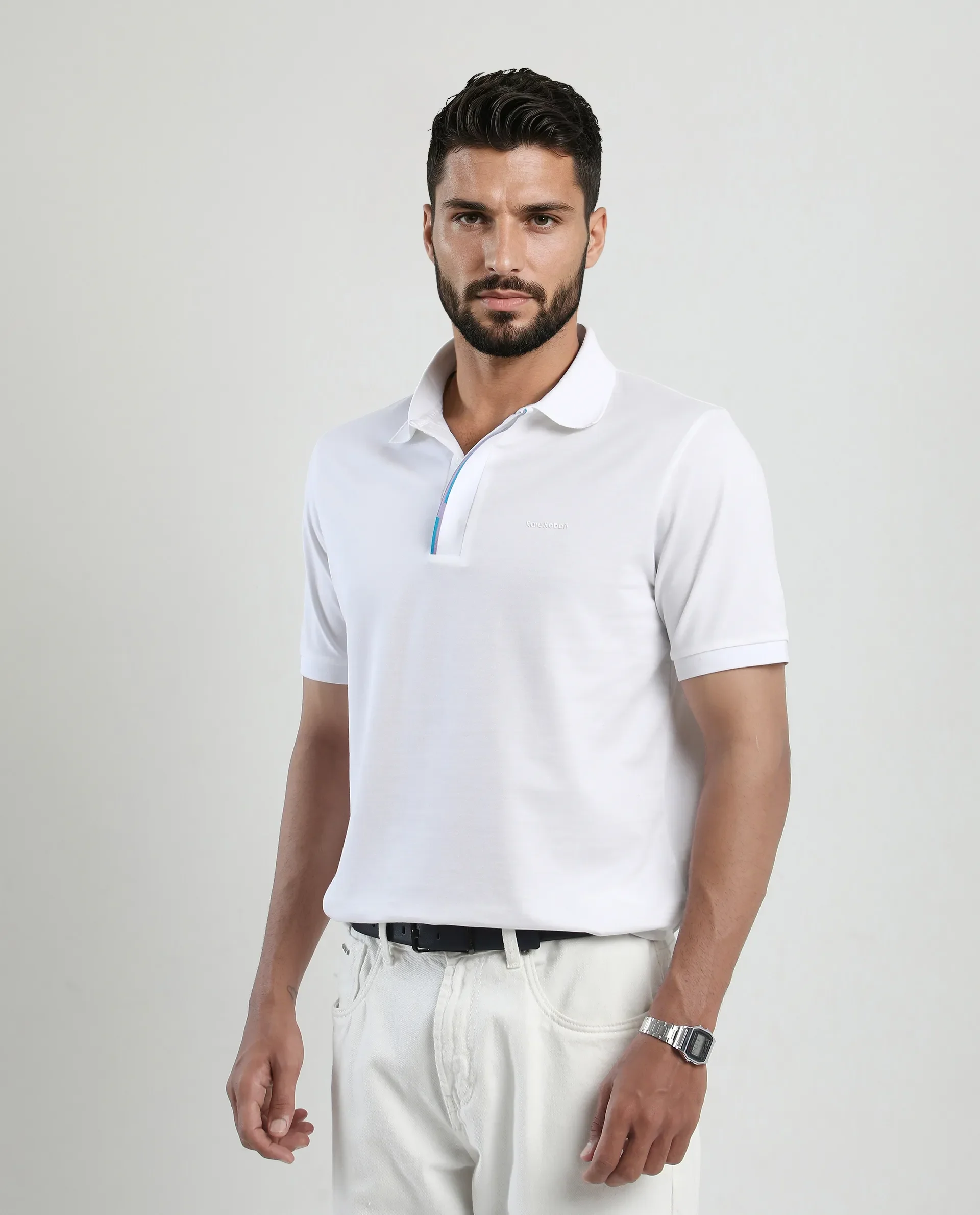Rare Rabbit Men's Mor White Cotton Blend Plain Regular Fit Half Sleeve Polo - Image 7