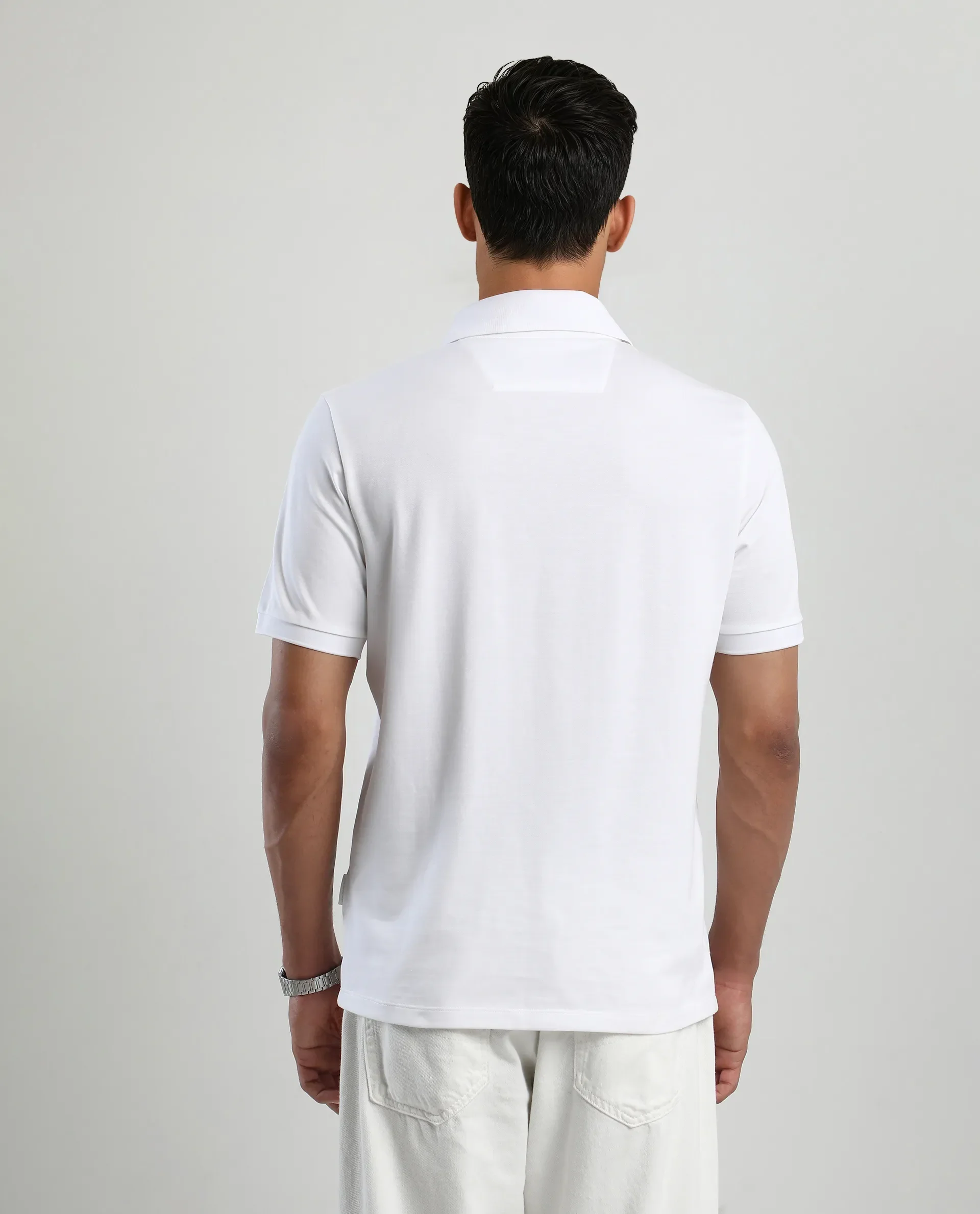 Rare Rabbit Men's Mor White Cotton Blend Plain Regular Fit Half Sleeve Polo - Image 8