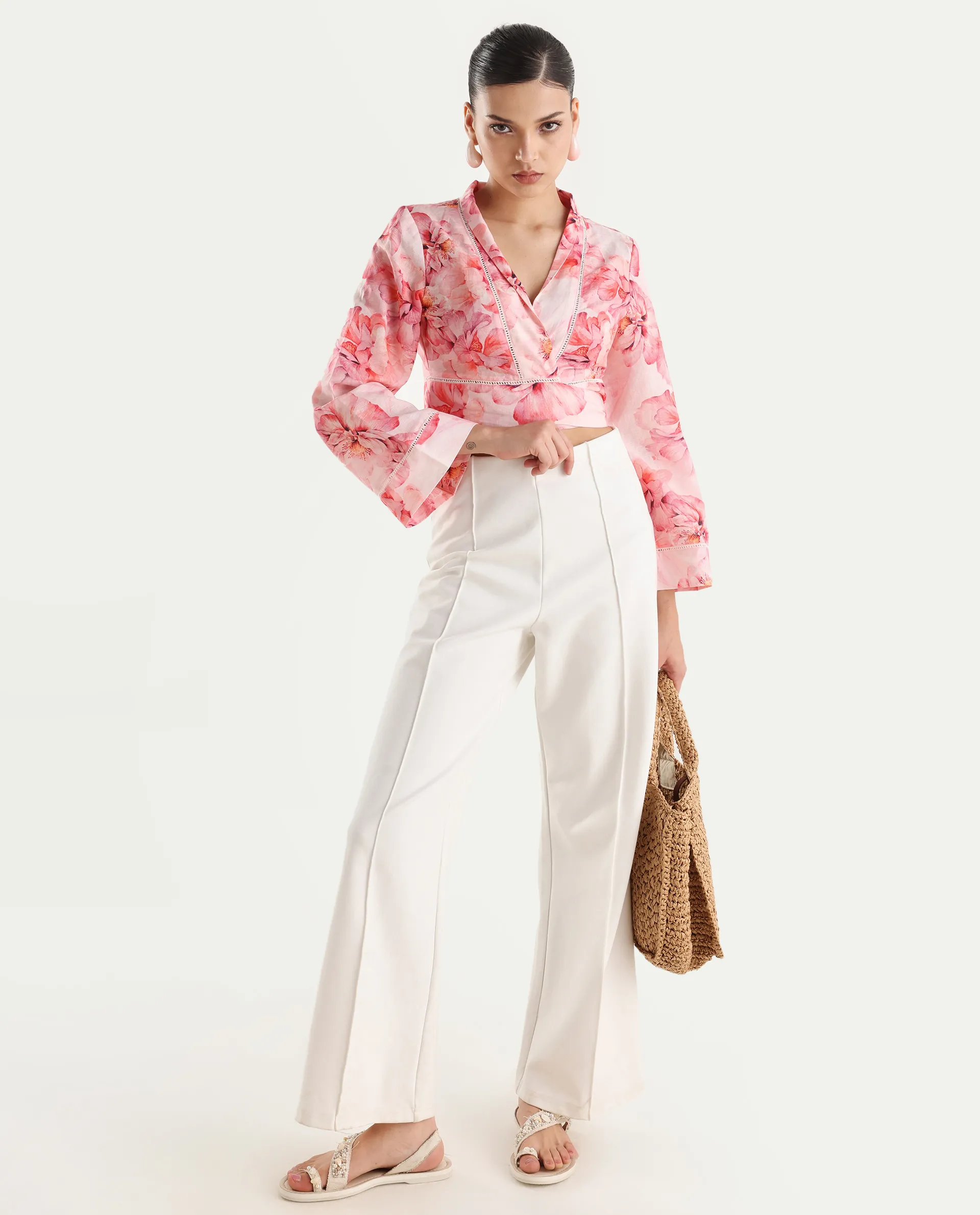 Rareism Women's Moral Pink Cotton Blend Shawl Collar Floral Print Bell Sleeve Crop Regular Fit Shrug - Image 2