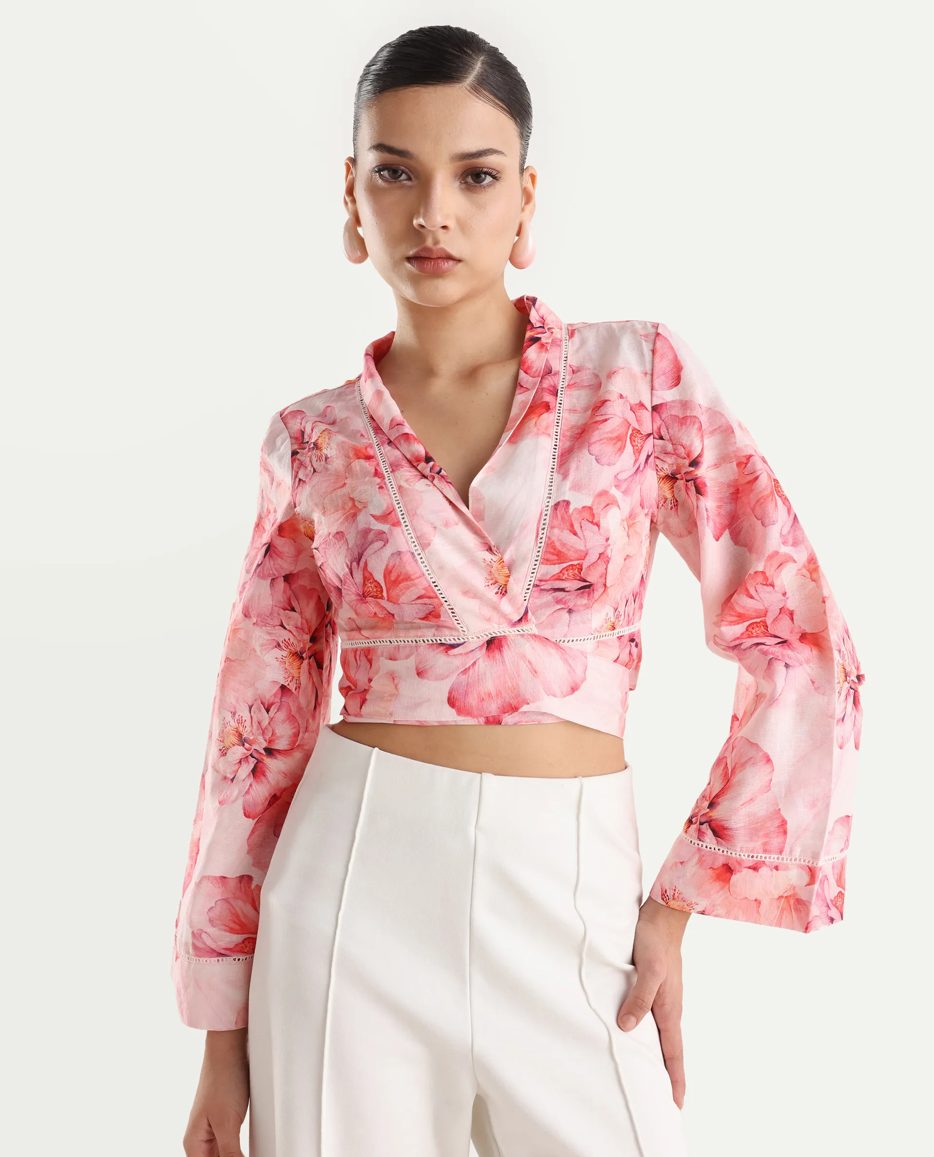 Rareism Women's Moral Pink Cotton Blend Shawl Collar Floral Print Bell Sleeve Crop Regular Fit Shrug - Image 3