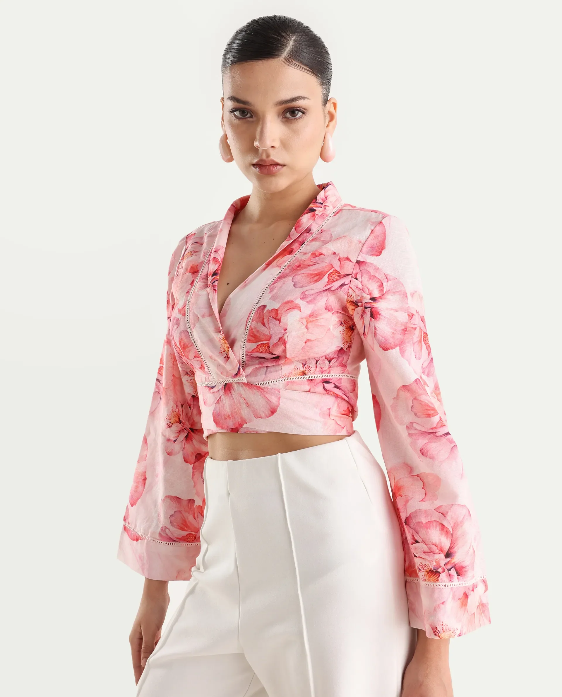 Rareism Women's Moral Pink Cotton Blend Shawl Collar Floral Print Bell Sleeve Crop Regular Fit Shrug - Image 5