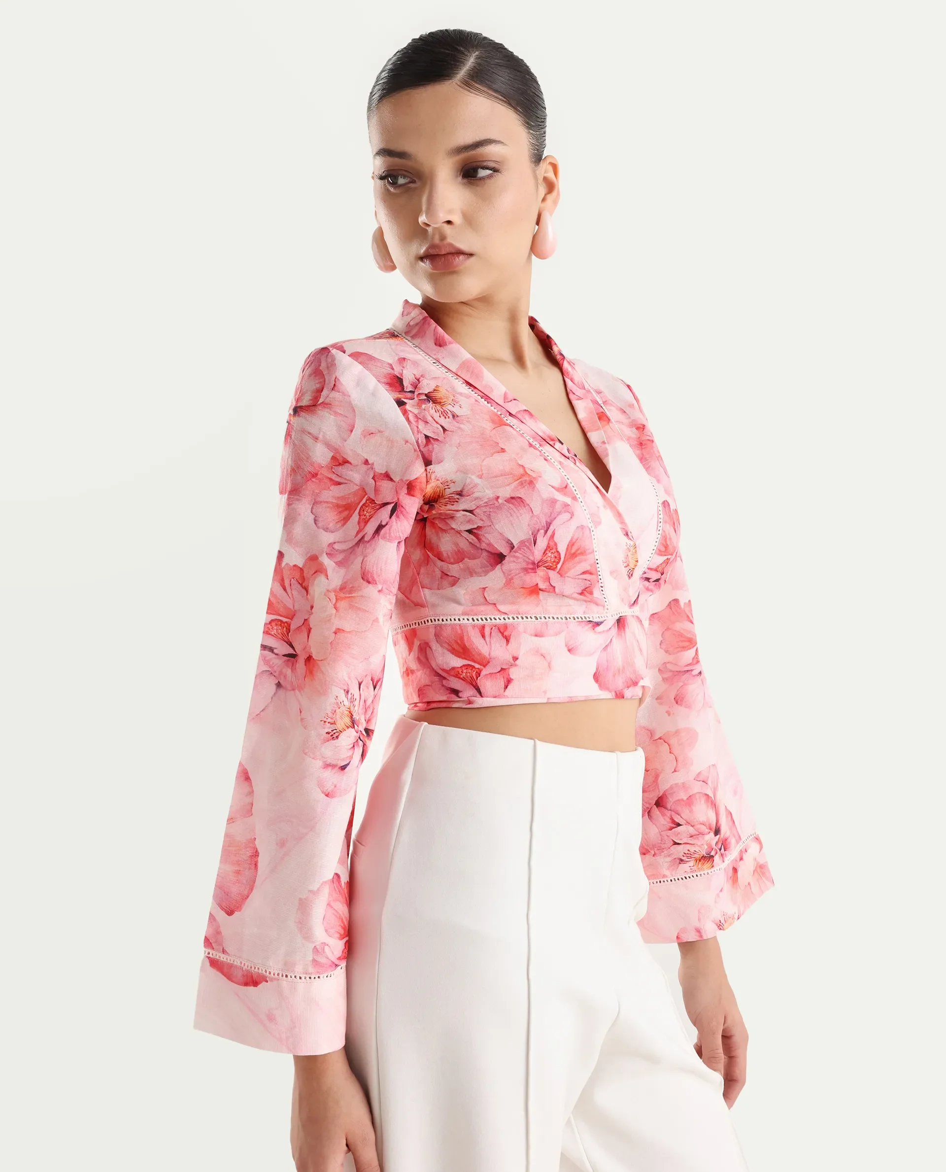 Rareism Women's Moral Pink Cotton Blend Shawl Collar Floral Print Bell Sleeve Crop Regular Fit Shrug - Image 6