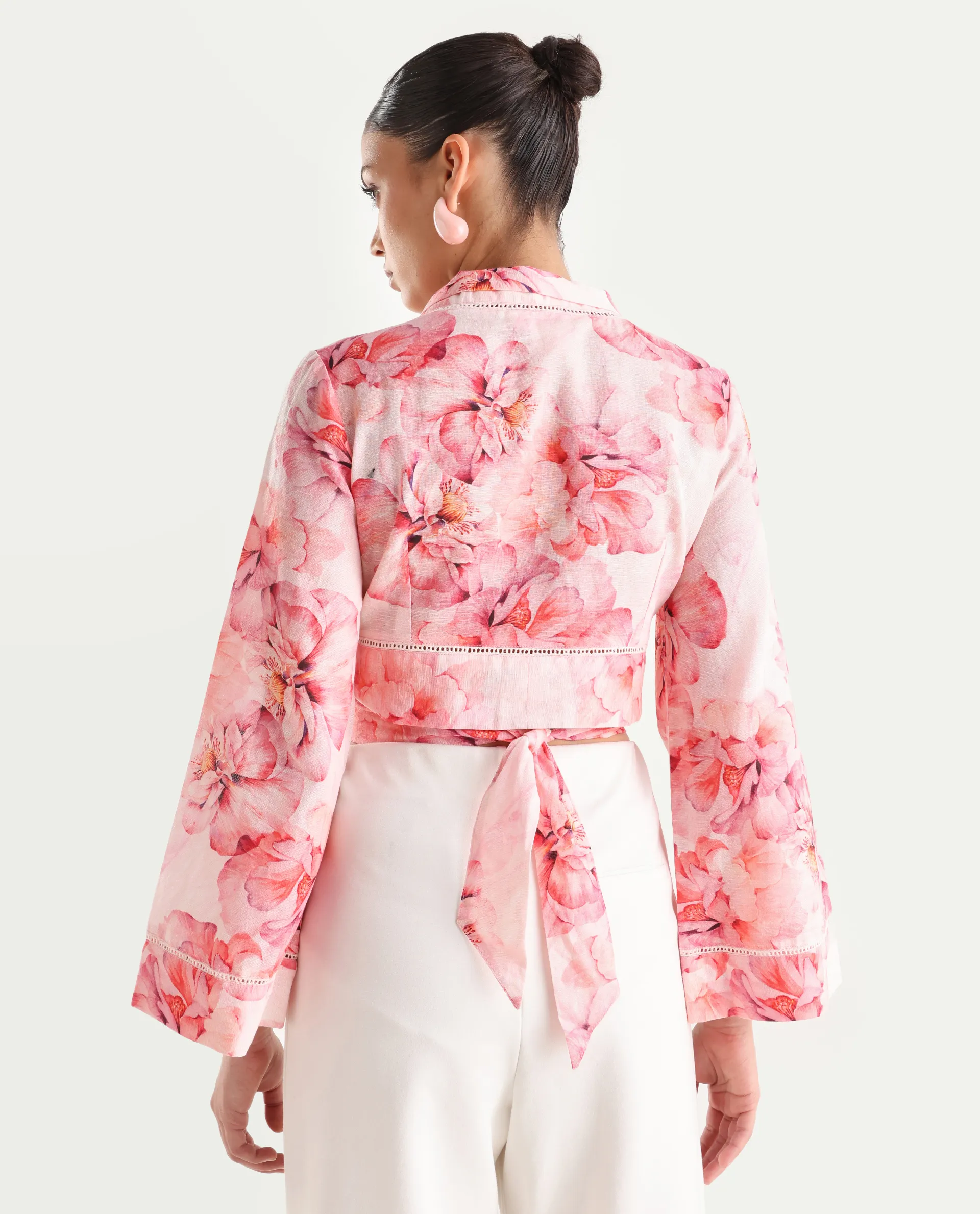 Rareism Women's Moral Pink Cotton Blend Shawl Collar Floral Print Bell Sleeve Crop Regular Fit Shrug - Image 7