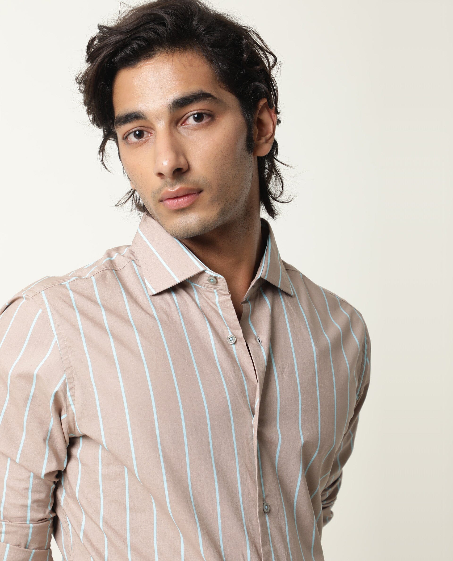Rare Rabbit Men's Moras Beige Cotton Striped Print Regular Fit Full Sleeve Collared Shirt