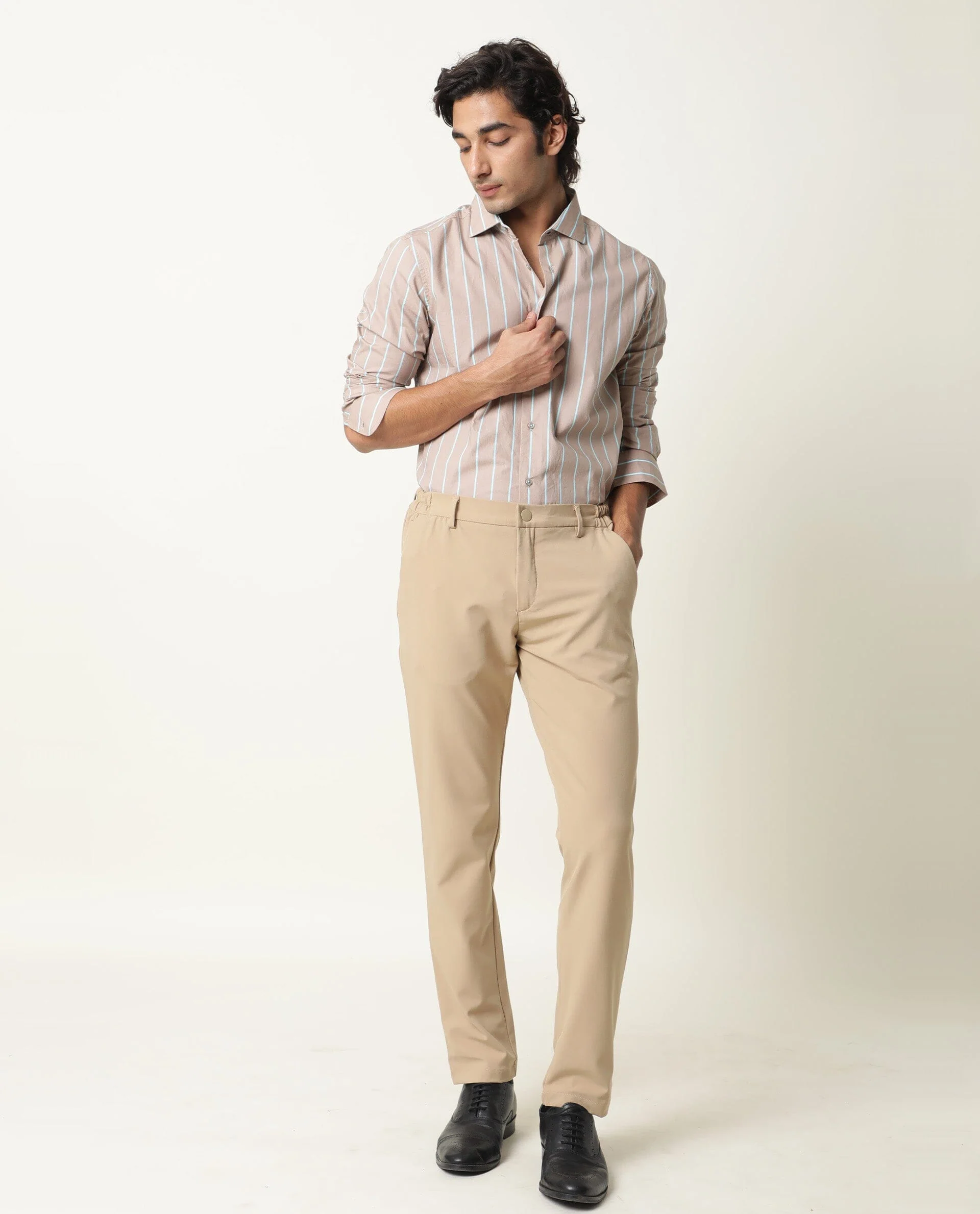 Rare Rabbit Men's Moras Beige Cotton Striped Print Regular Fit Full Sleeve Collared Shirt - Image 2