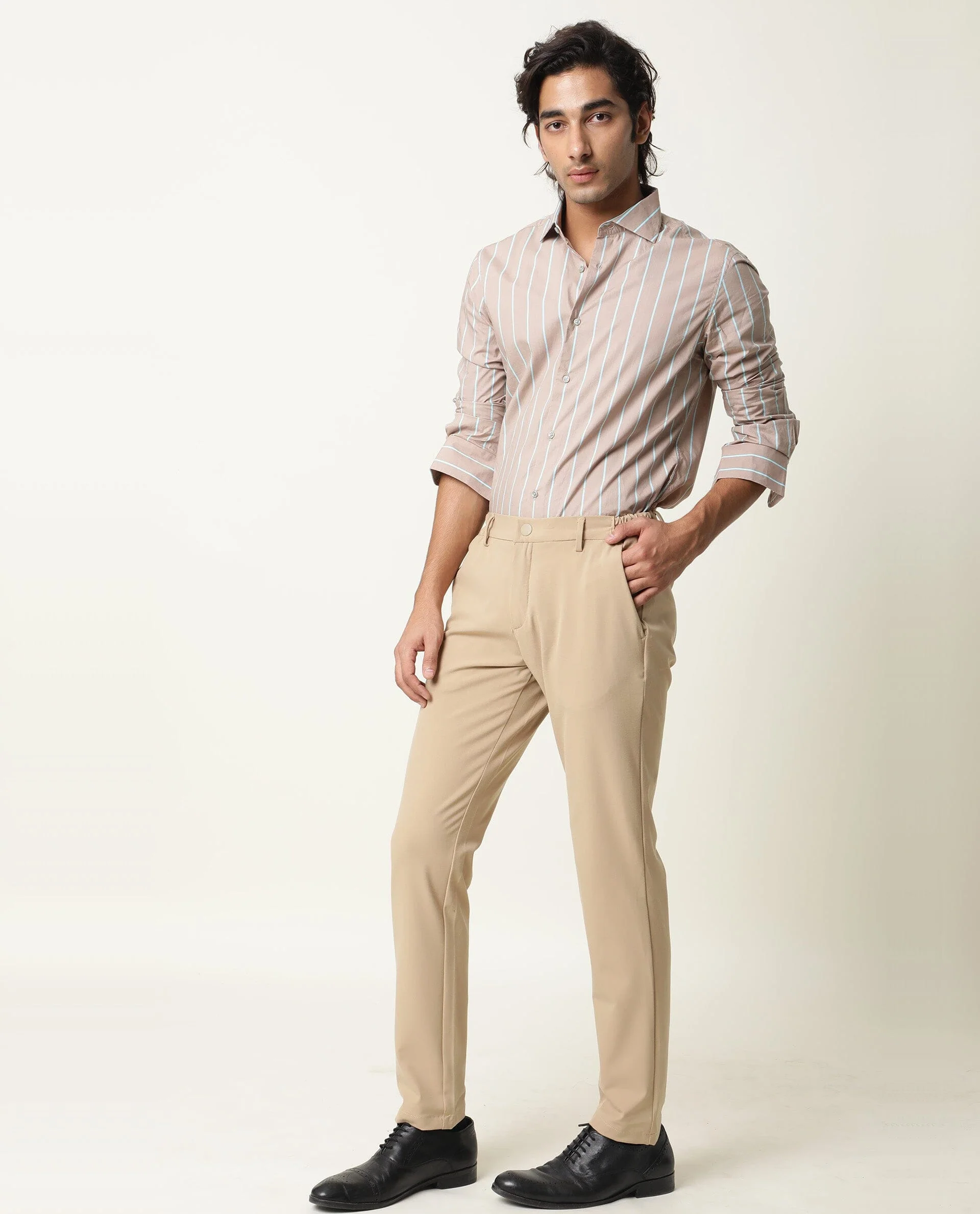 Rare Rabbit Men's Moras Beige Cotton Striped Print Regular Fit Full Sleeve Collared Shirt - Image 3