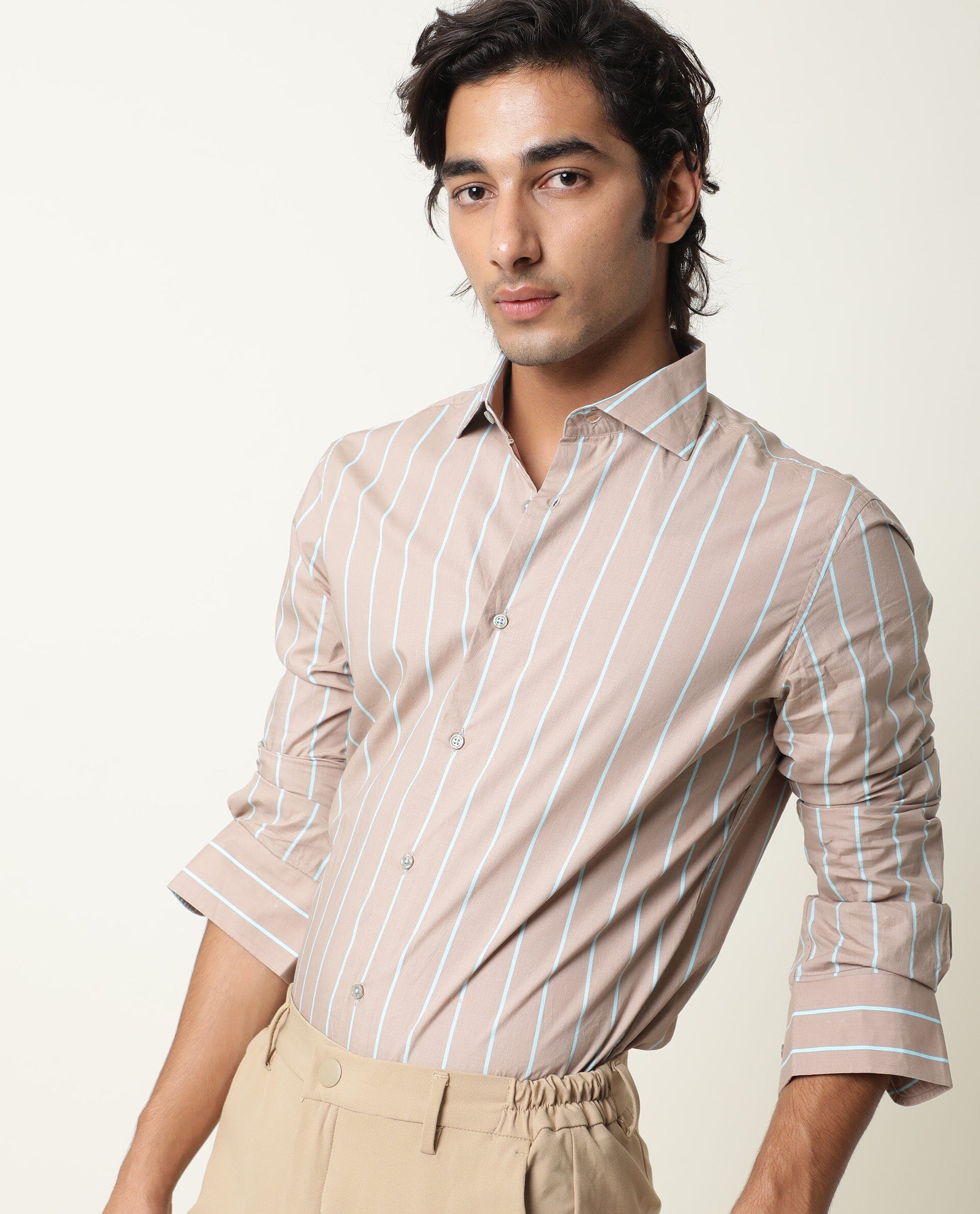 Rare Rabbit Men's Moras Beige Cotton Striped Print Regular Fit Full Sleeve Collared Shirt - Image 5