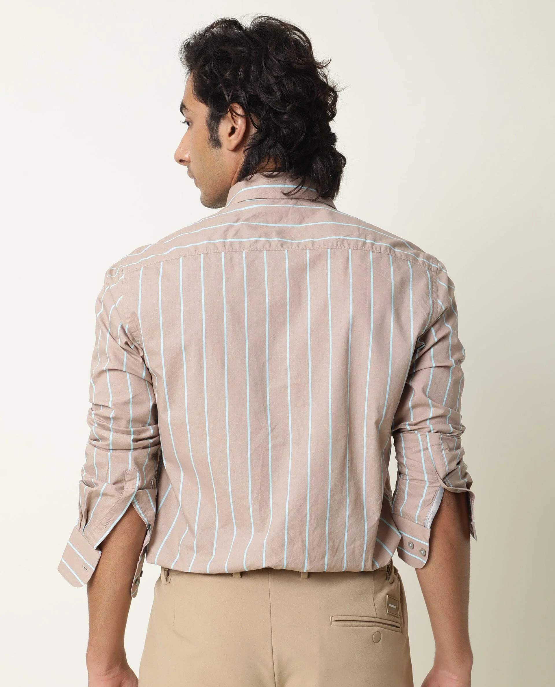 Rare Rabbit Men's Moras Beige Cotton Striped Print Regular Fit Full Sleeve Collared Shirt - Image 6