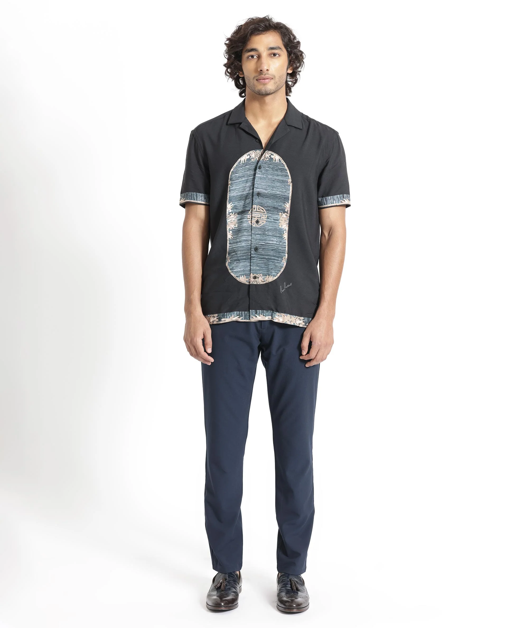 Rare Rabbit Men's Morca Black Viscose Abstract Print Regular Fit Half Sleeve Cuban Collar Shirt - Image 2
