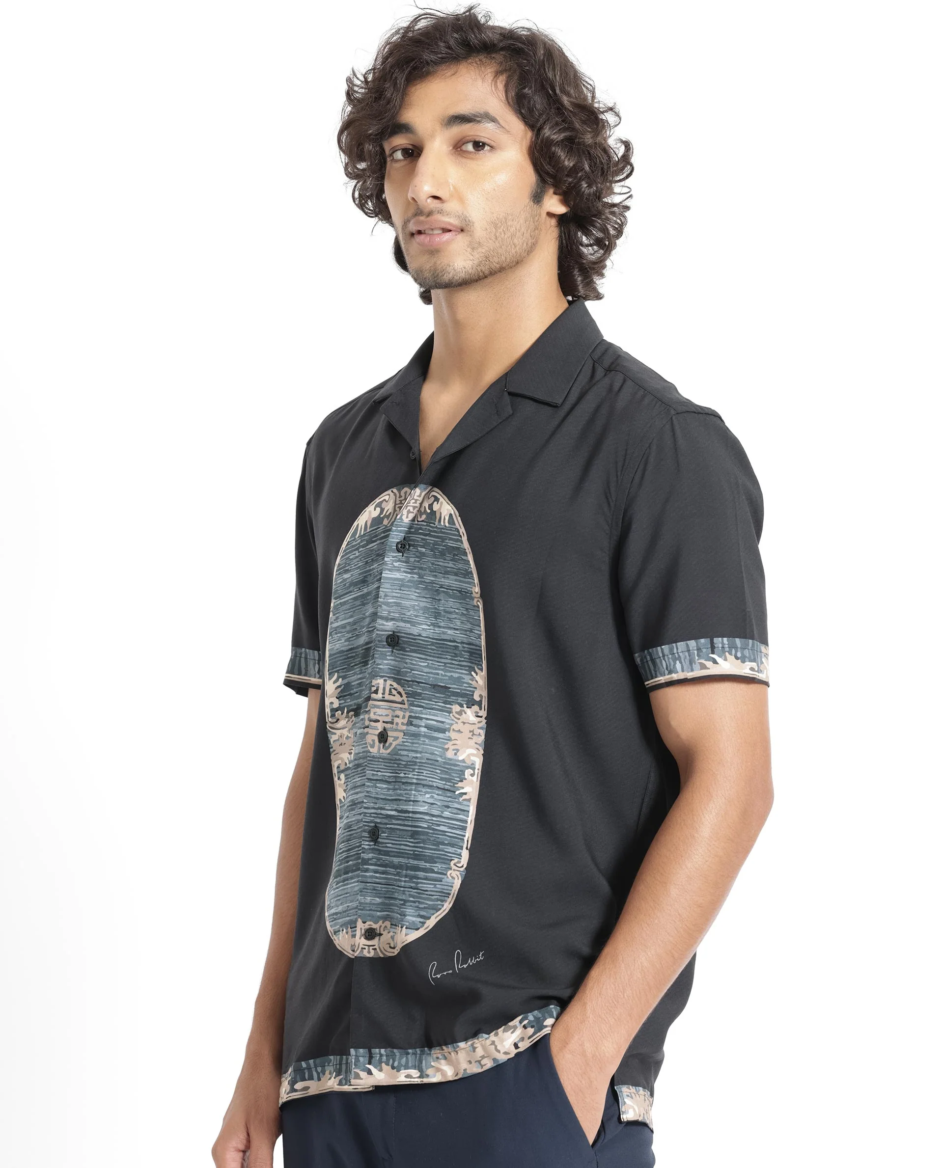 Rare Rabbit Men's Morca Black Viscose Abstract Print Regular Fit Half Sleeve Cuban Collar Shirt - Image 3