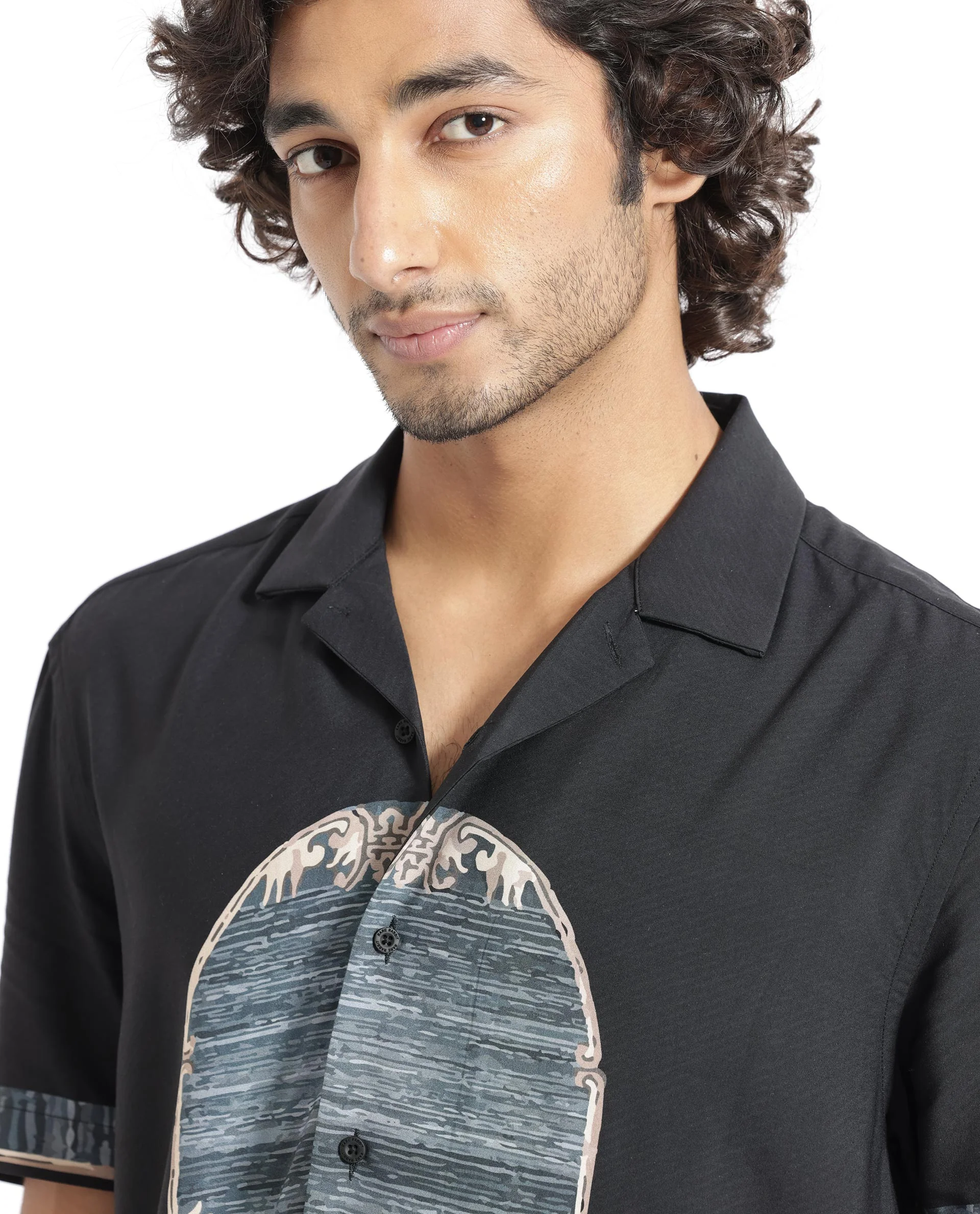 Rare Rabbit Men's Morca Black Viscose Abstract Print Regular Fit Half Sleeve Cuban Collar Shirt - Image 4