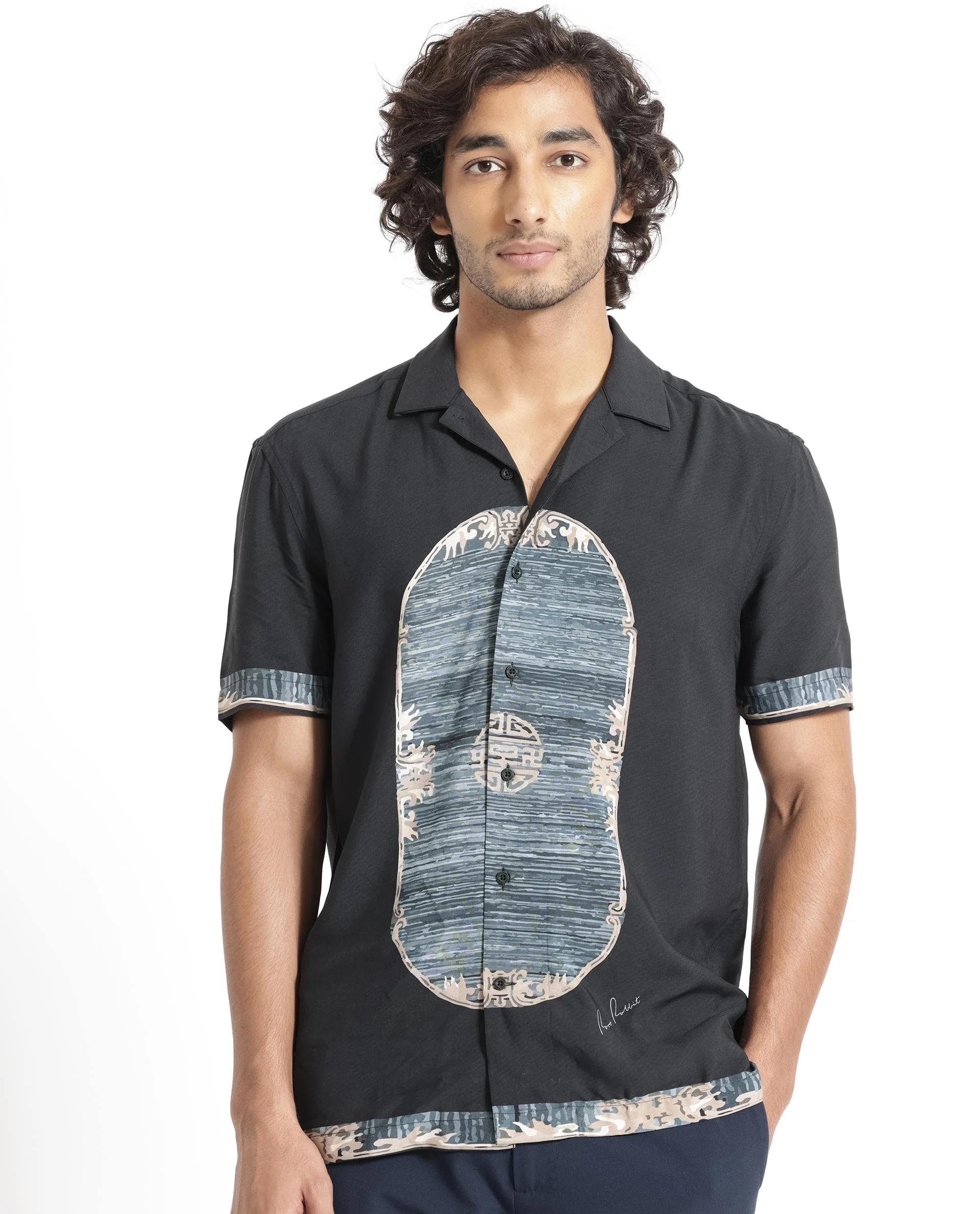 Rare Rabbit Men's Morca Black Viscose Abstract Print Regular Fit Half Sleeve Cuban Collar Shirt - Image 5