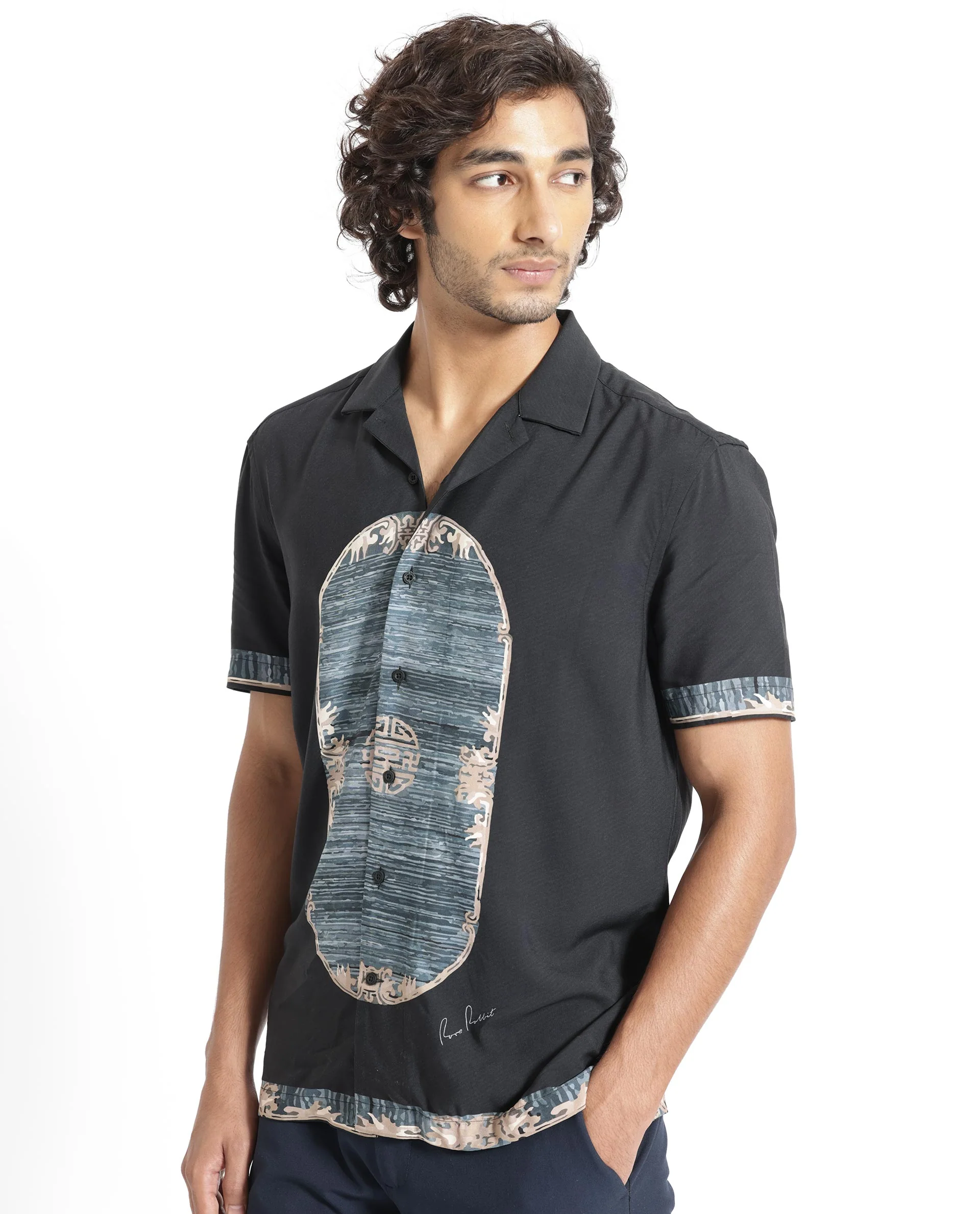 Rare Rabbit Men's Morca Black Viscose Abstract Print Regular Fit Half Sleeve Cuban Collar Shirt - Image 6