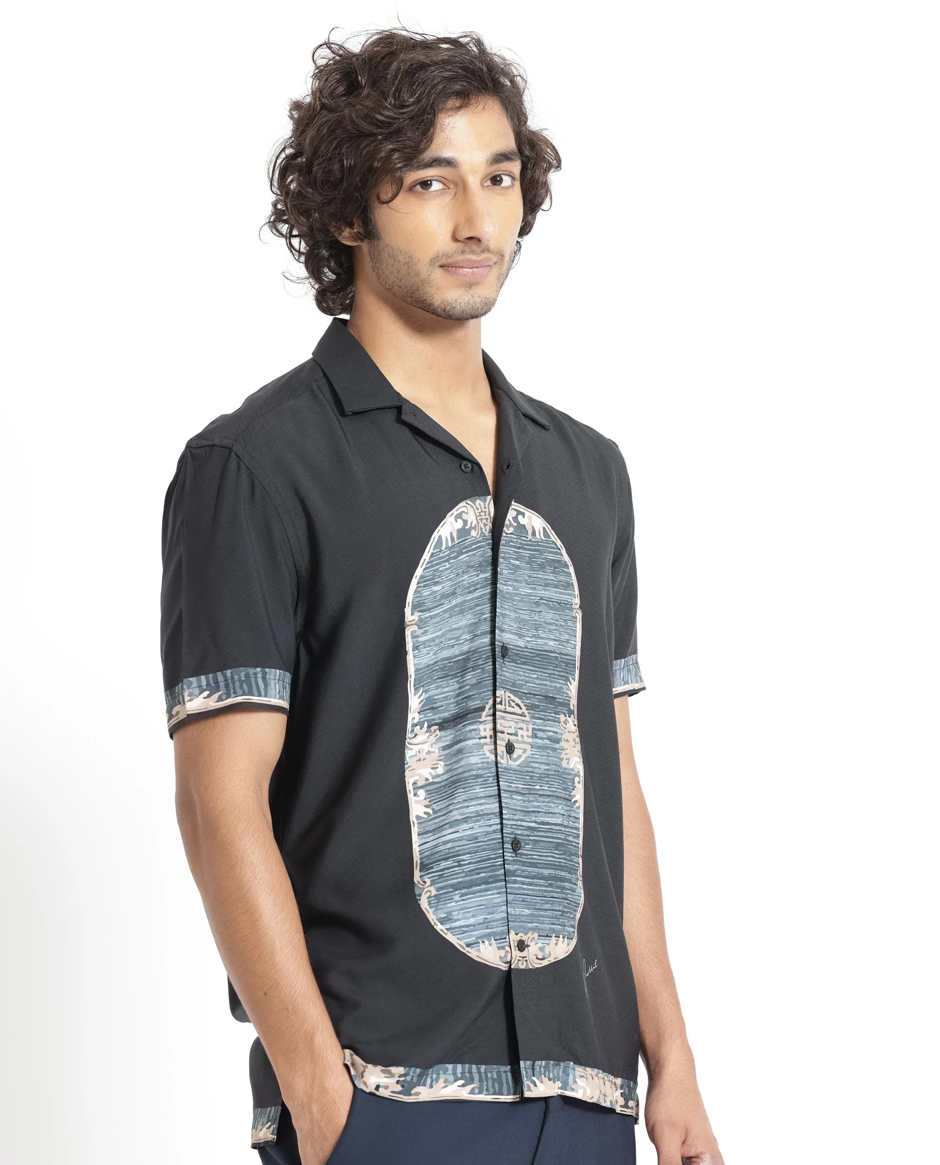 Rare Rabbit Men's Morca Black Viscose Abstract Print Regular Fit Half Sleeve Cuban Collar Shirt - Image 7