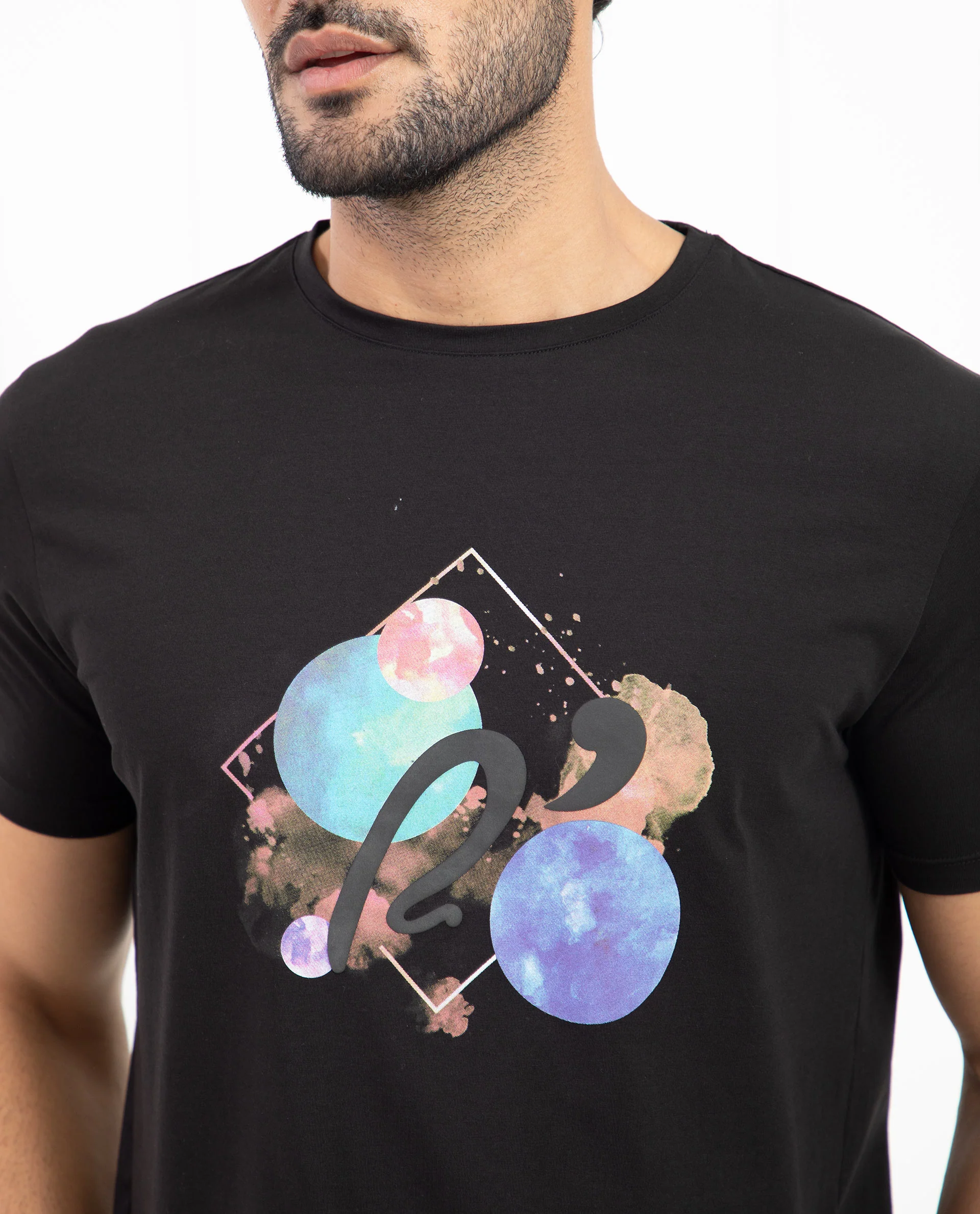 Rare Rabbit Men's Moreno Black Cotton Graphic Print Regular Fit Half Sleeve Crew Neck T-Shirt - Image 2