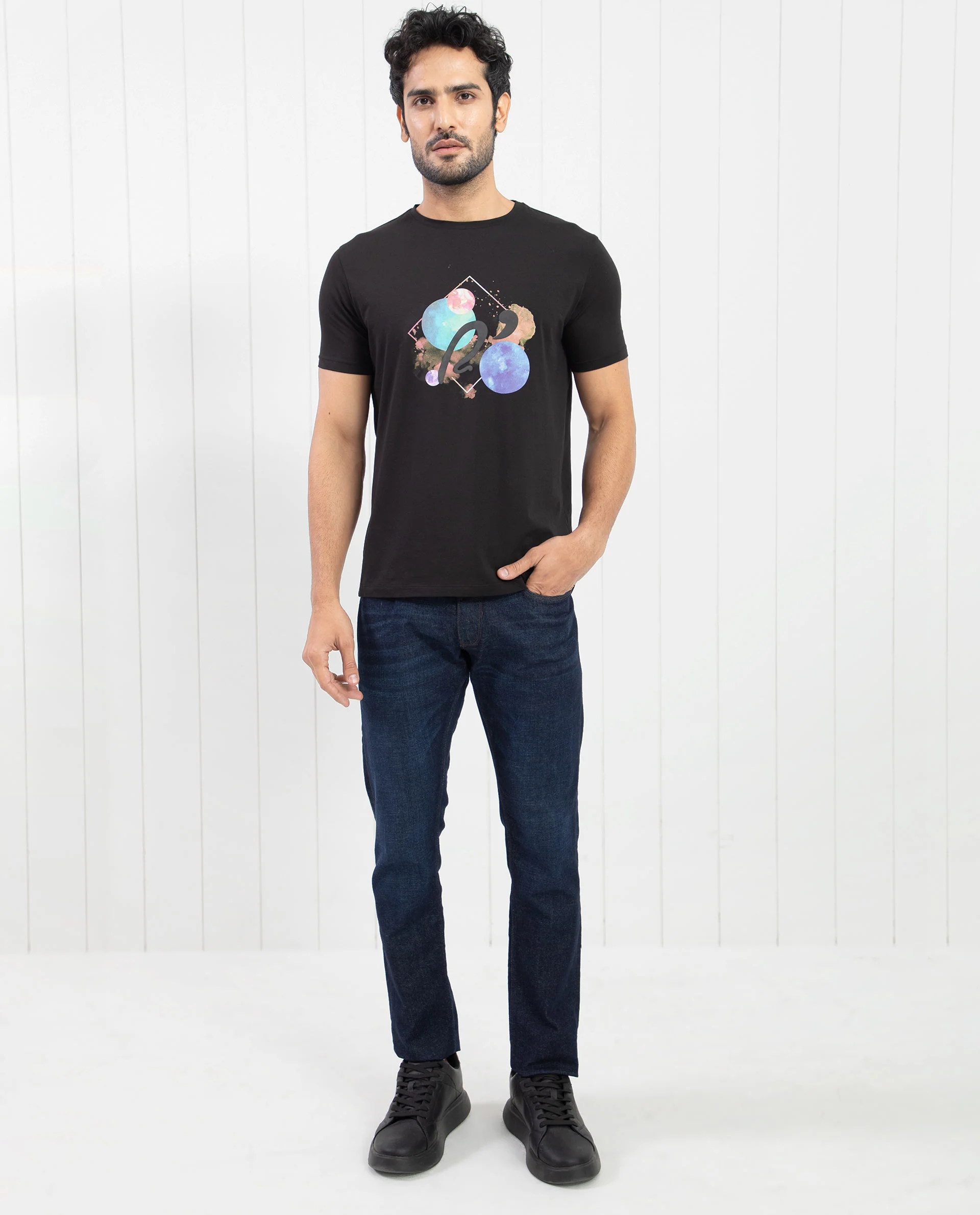 Rare Rabbit Men's Moreno Black Cotton Graphic Print Regular Fit Half Sleeve Crew Neck T-Shirt - Image 4