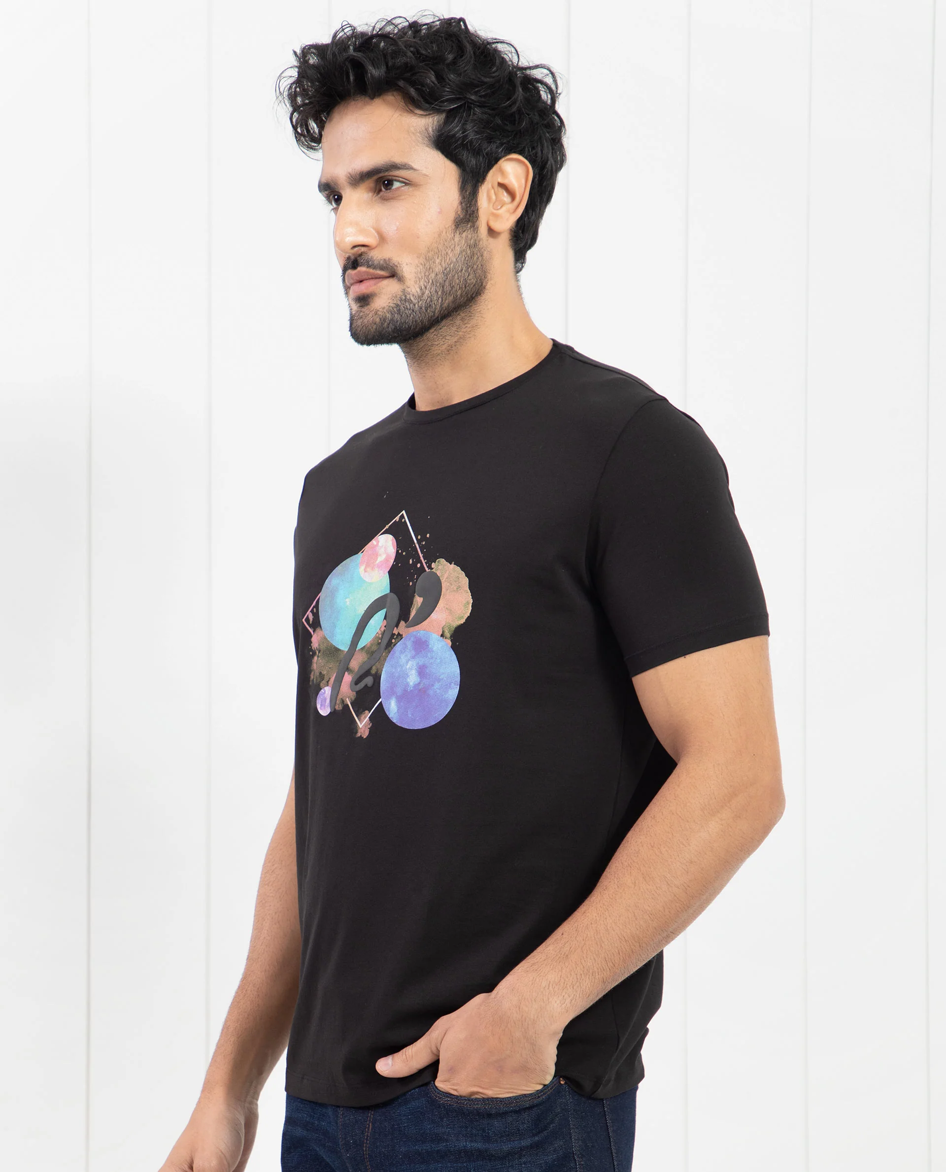 Rare Rabbit Men's Moreno Black Cotton Graphic Print Regular Fit Half Sleeve Crew Neck T-Shirt - Image 5