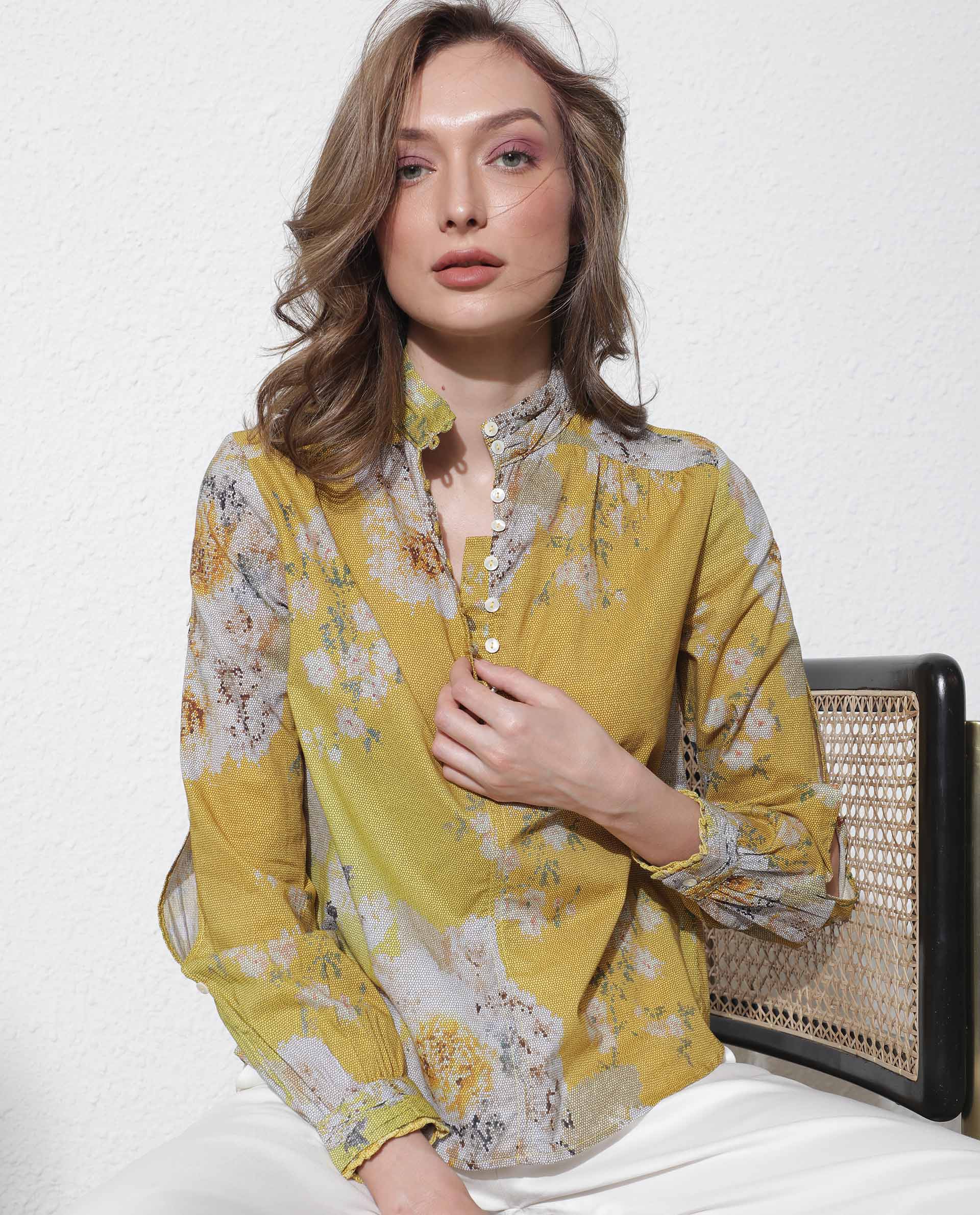 Rareism Women's Morgan Yellow Cotton High Neck Floral Print Regular Fit Top
